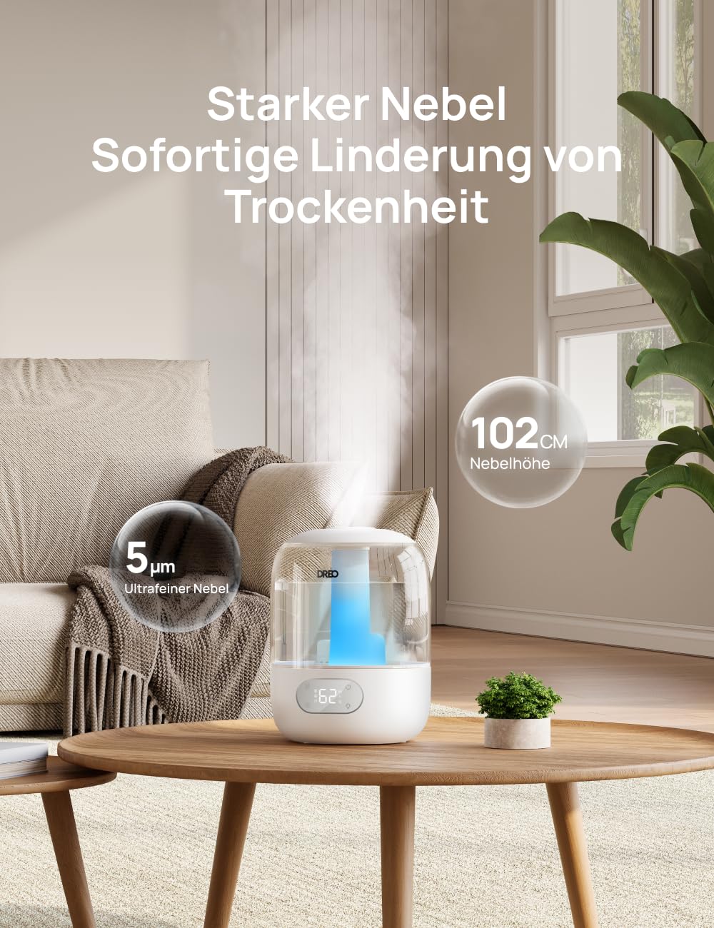 Luftbefeuchter für das Schlafzimmer, Kaltnebel-Ultraschallgerät mit 30 Stunden Laufzeit, 3L Top-Fill-Tank, Feuchtigkeitssensor, Nachtlicht für Babys, Kinderzimmer, für Pflanzen und Zuhause