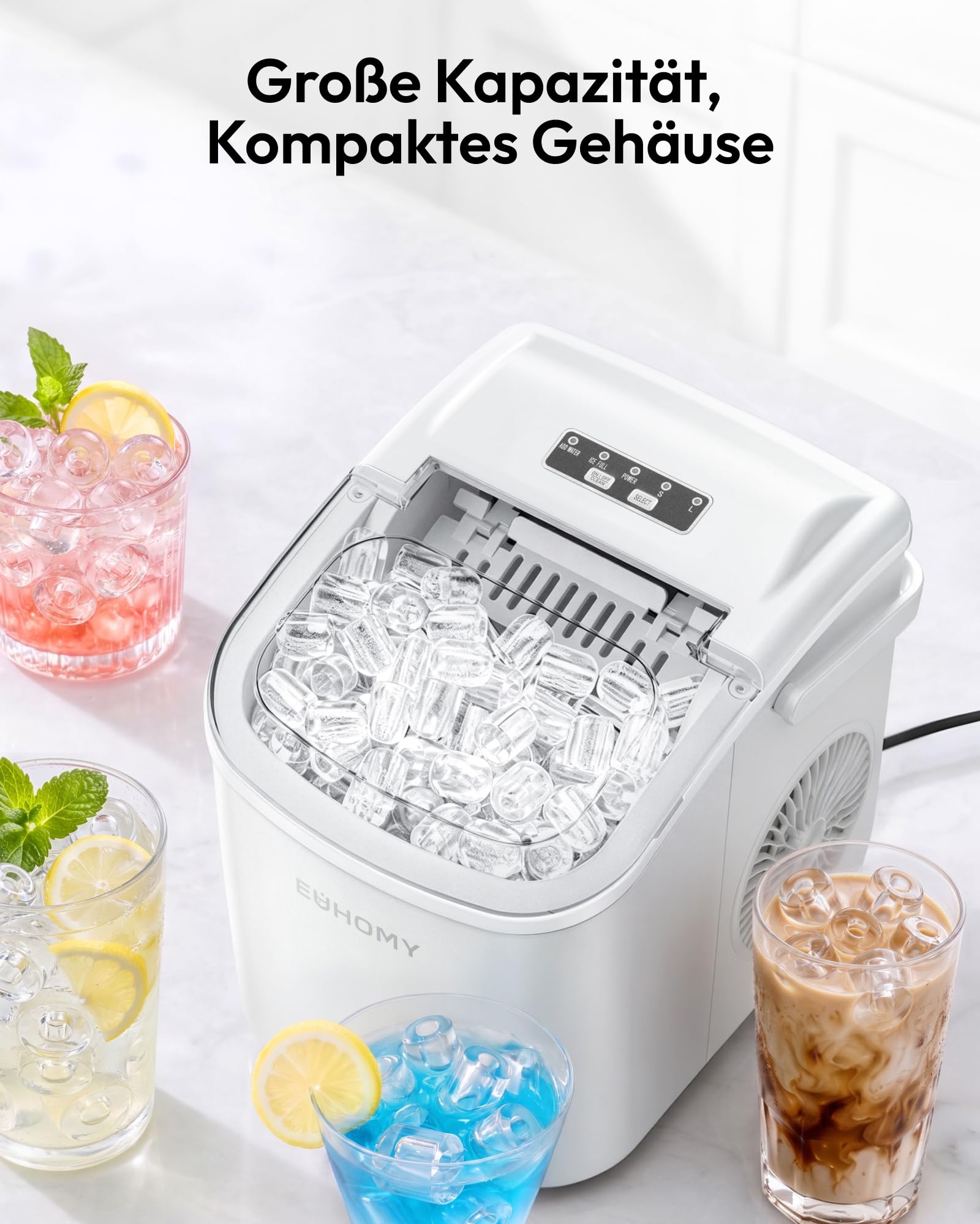 Eiswürfelmaschine Klein, 9 Eiswürfel in 6 Minuten, 12 kg/24H, Eiswürfelmaschine Edelstahl mit Tragbarem Griff, Selbstreinigender Kompakter Eiswürfelmaschinen für Zuhause/Küche/Büro/Bar