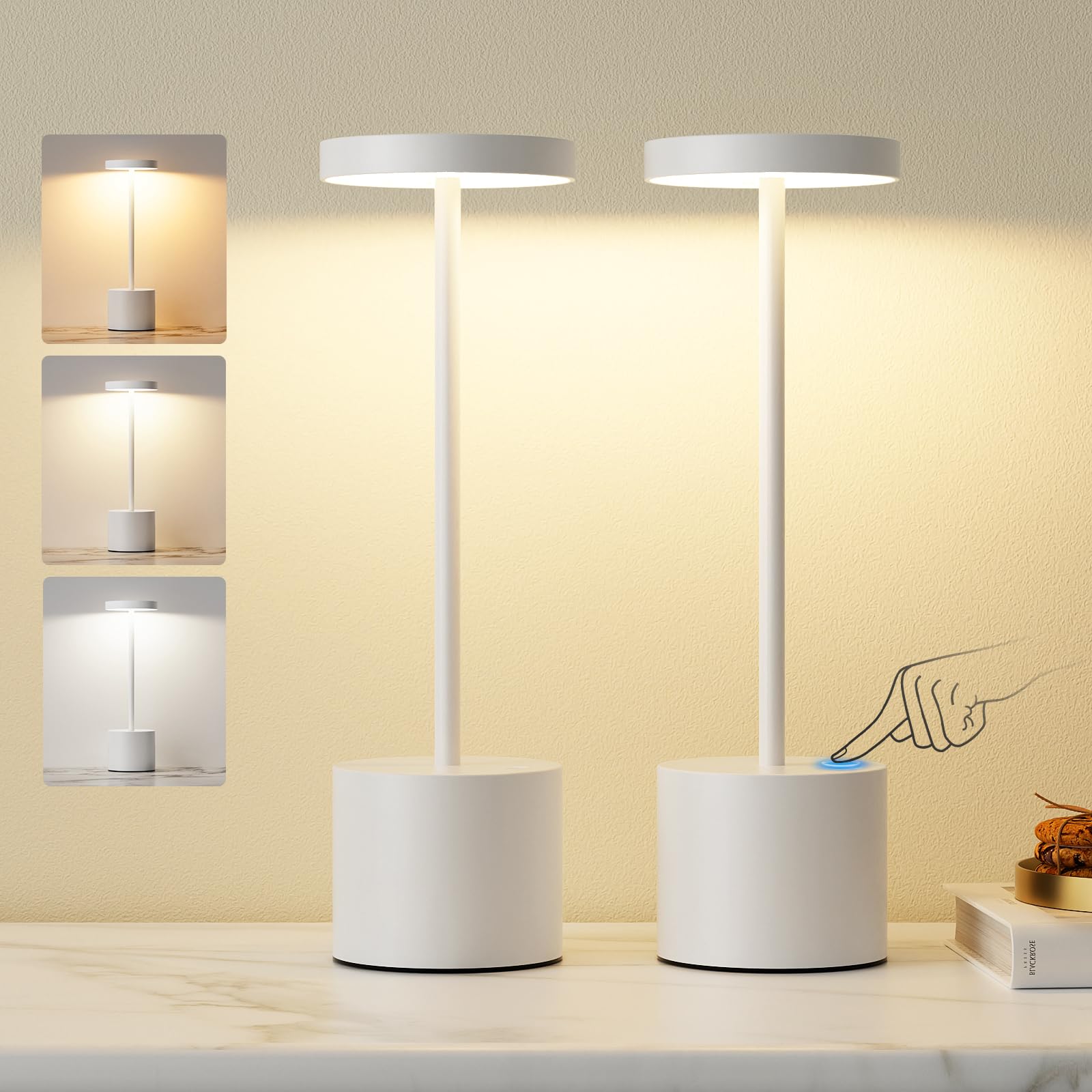 Lampe de table à piles, lampe de table LED sans fil, lampe de table sans fil à piles avec 3 températures de couleur, lampe de chevet tactile à intensité variable, intensité variable en continu pour les chambres