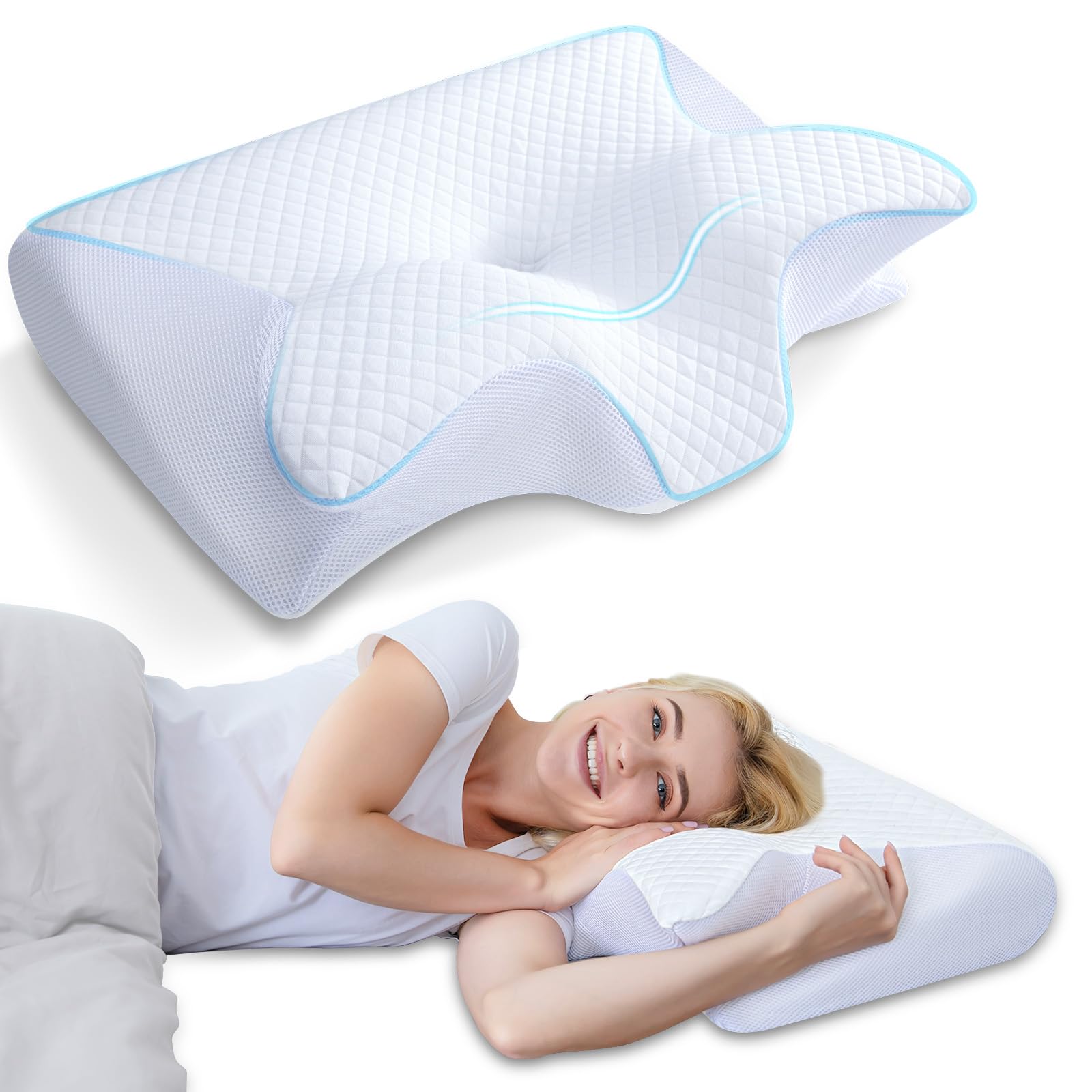 2 in 1 Ergonomisches Nackenkissen Orthopädisches Kopfkissen Memory Foam Kissen für Rücken-, Seiten- und Bauchschläfer, 60x40x12/14cm
