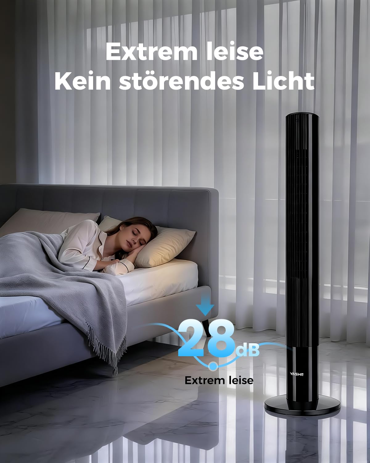 Turmventilator mit Fernbedienung, 85°-Oszillation, leiser Standventilator (28 dB), 3 Geschwindigkeitsstufen, 2 Modi, 12-Stunden-Timer, LED-Anzeige, für Schlafzimmer, Büro und Zuhause