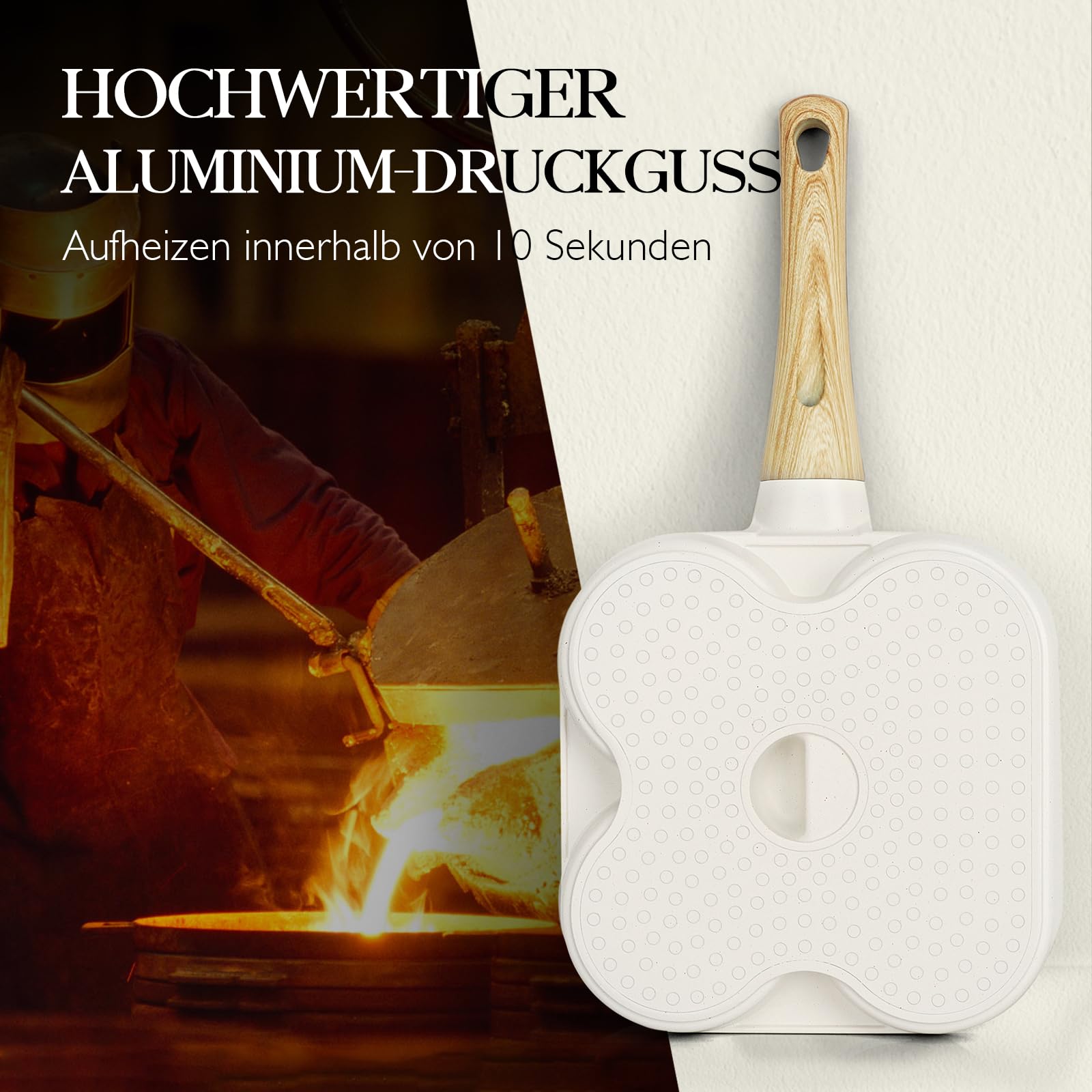 Spiegeleipfanne, 3-Loch Omlettenpfanne, Granit-Antihaftbeschichtung, PFOS/PFOA-Frei Eierpfanne für Gebratenes Frühstück/Eier/Wurst/Speck, Weiß