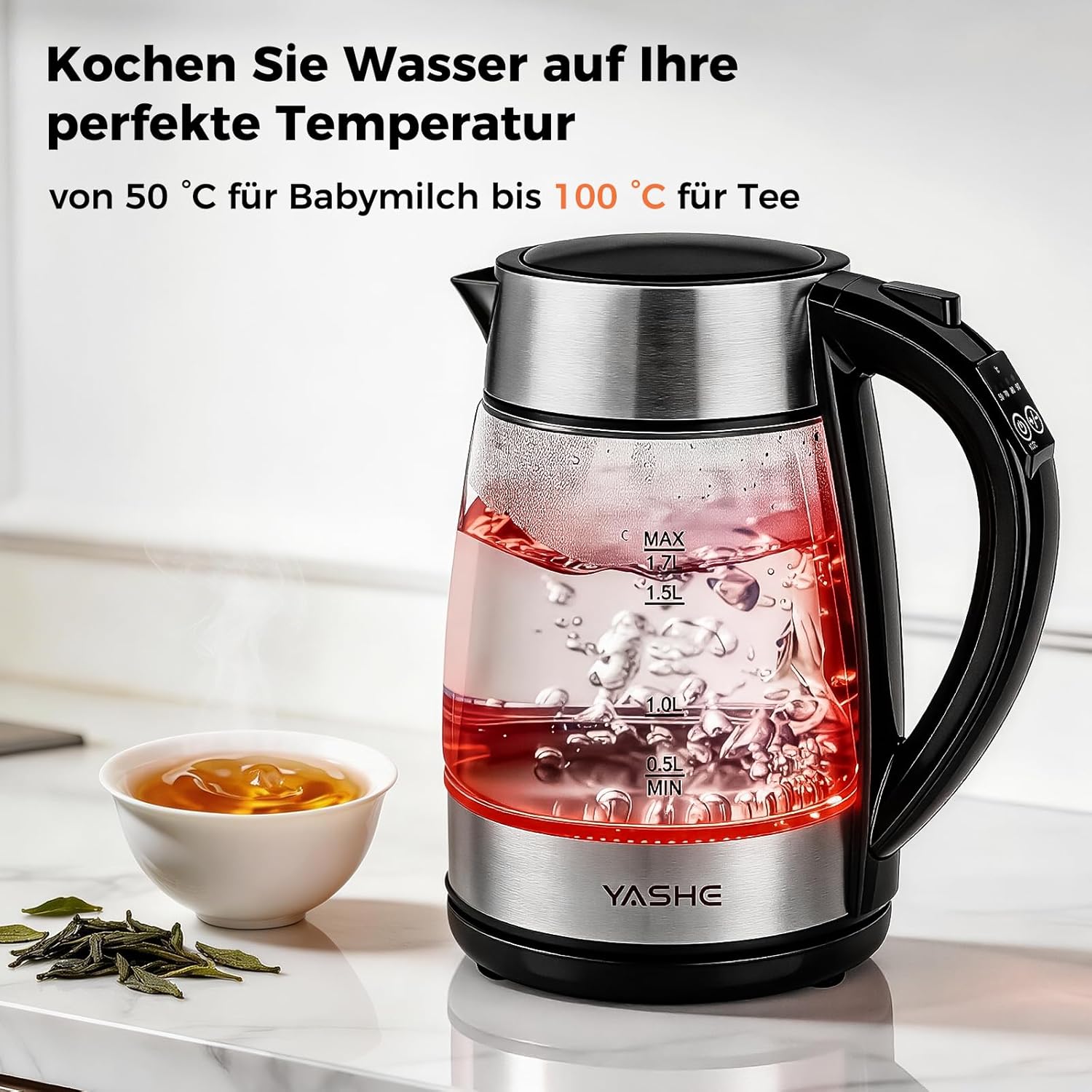 Wasserkocher mit Temperatureinstellung 1,7L 2200W Glas | 5 Temperaturstufen, 5 Farben LED, 30 Min Warmhaltefunktion, Kabellos, Kalkfilter, Abschaltautomatik