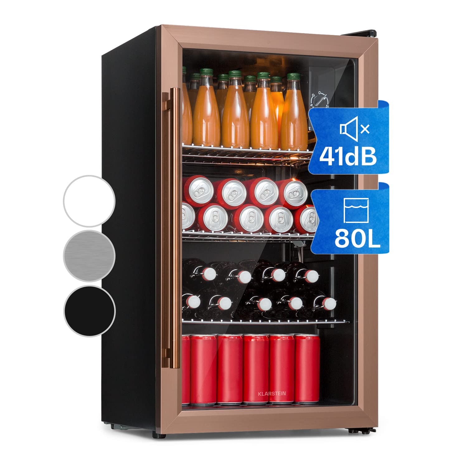 Beersafe Getränkekühlschrank 60 L – Mini Kühlschrank mit Glastür, Kupfer | LED-Beleuchtung, herausnehmbare Metallablagen, leise, Flaschenkühlschrank für Getränke & Dosen