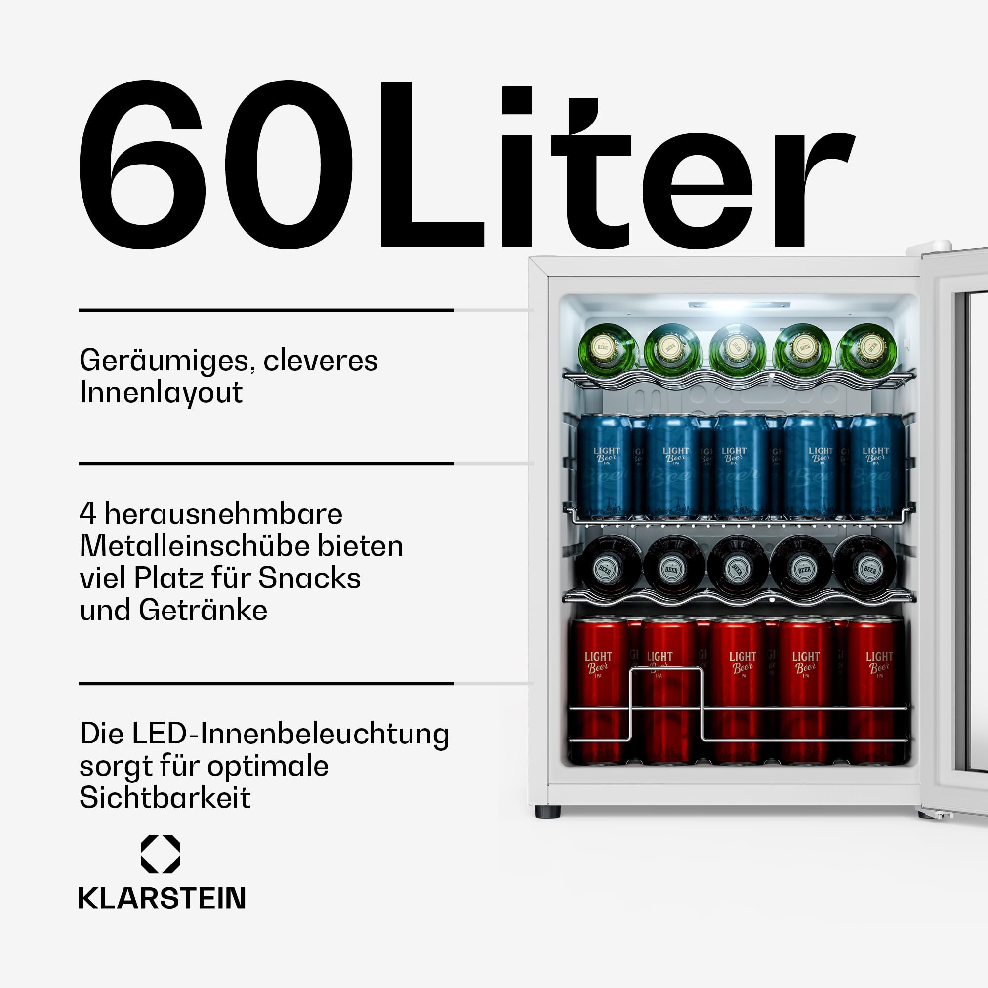 Beersafe Getränkekühlschrank 60 L – Mini Kühlschrank mit Glastür, Kupfer | LED-Beleuchtung, herausnehmbare Metallablagen, leise, Flaschenkühlschrank für Getränke & Dosen