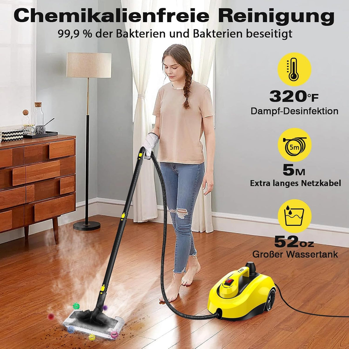 Dampfreiniger, Polstermöbelreiniger, mit 5 m extra Langem Netzkabel