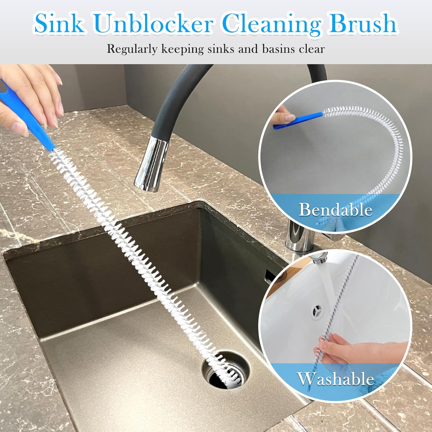 Abflussreiniger Spirale,Doppelkopf-Rohrreinigungsbürste Edelstahl-Kanalreiniger,Abflussreiniger Sticks, Abfluss Bürste,Flexible Reinigungsbürste für den Abfluss in Küche und Dusche