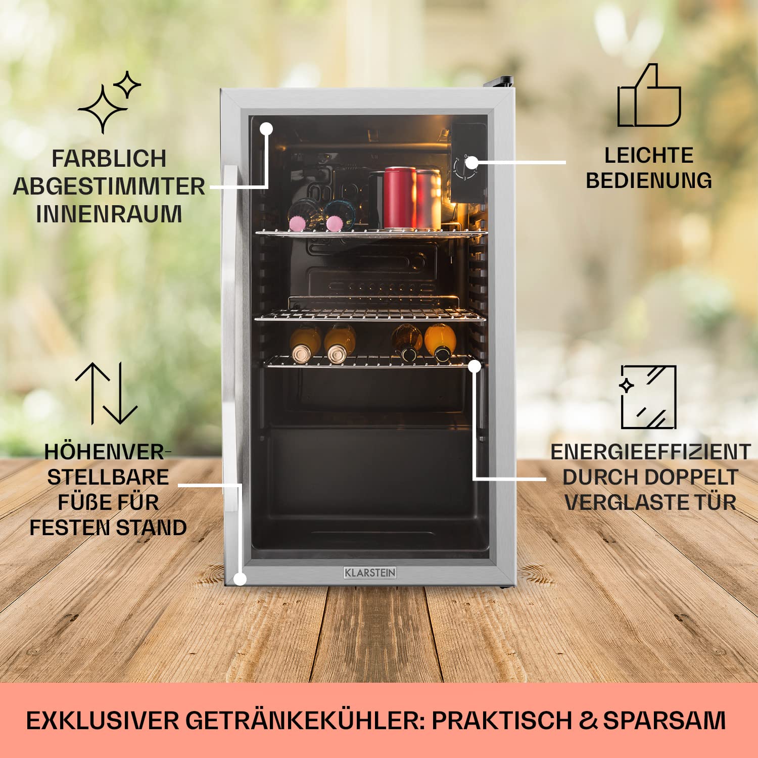 Beersafe Getränkekühlschrank 60 L – Mini Kühlschrank mit Glastür, Kupfer | LED-Beleuchtung, herausnehmbare Metallablagen, leise, Flaschenkühlschrank für Getränke & Dosen