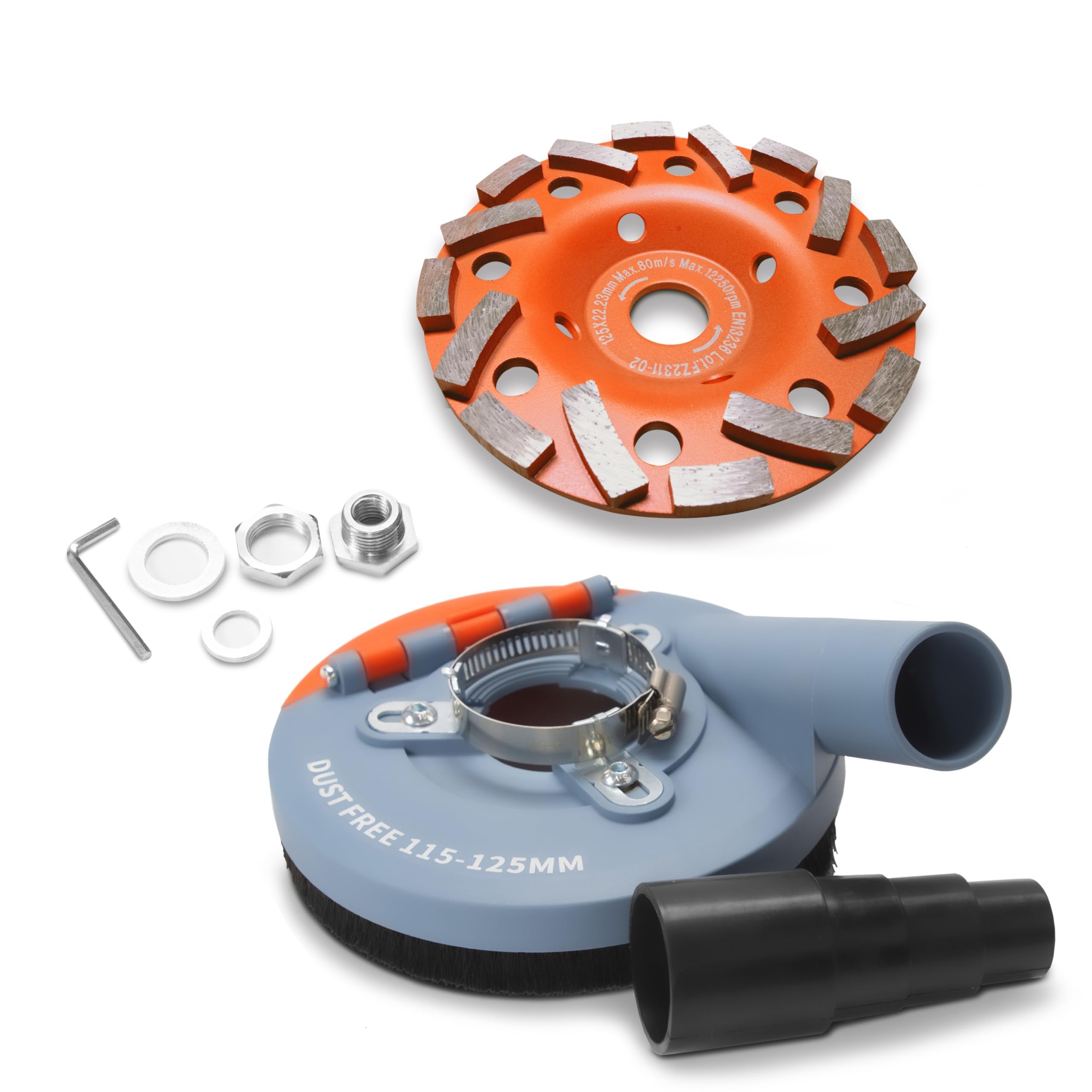 Absaugaufsatz Absaughaube für Winkelschleifer inkl. 125 mm Diamantschleiftopf PROFI QUALITÄT – Bürsten auswechselbar – 99% universal passend – verstärkter Adapterring – M14 Adapter
