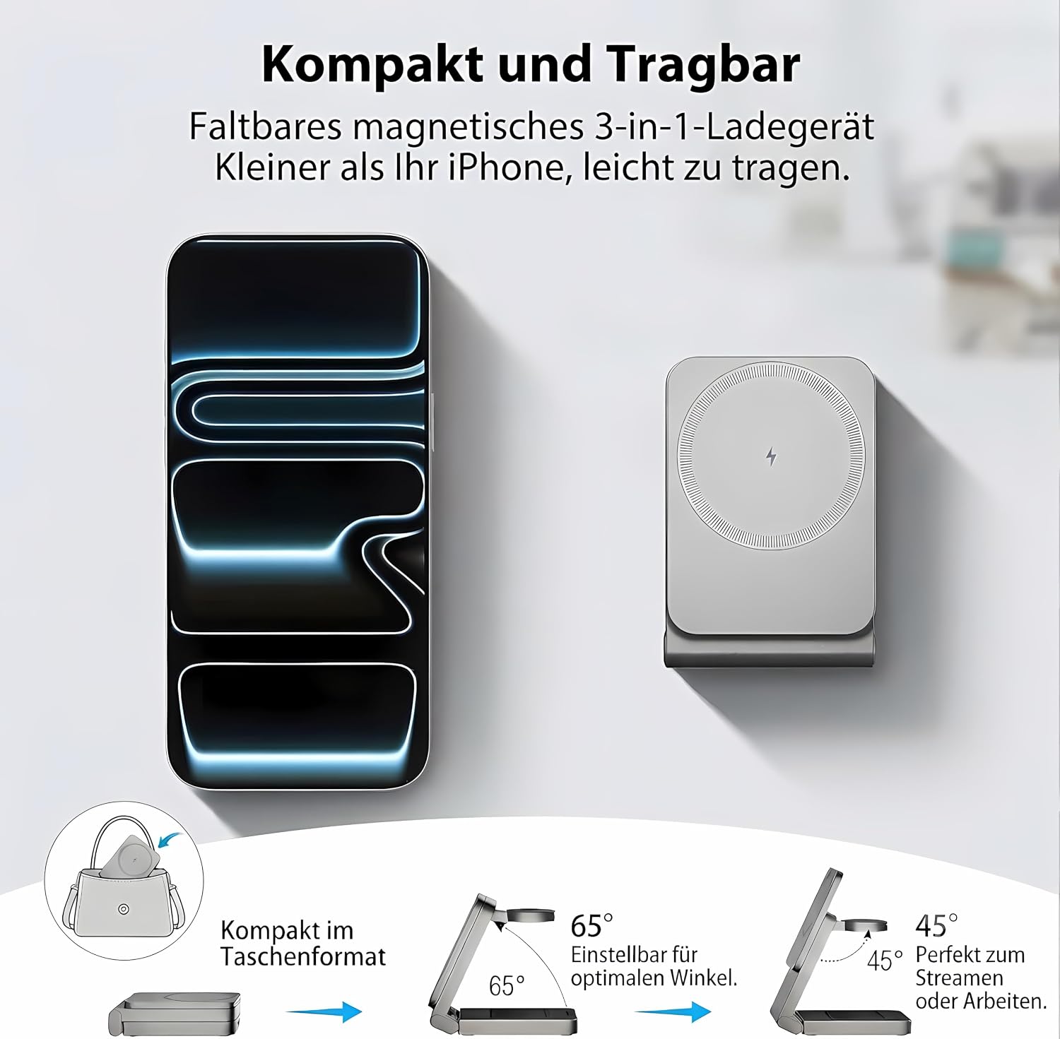 3 in 1 MagSafe Induktive Ladestation, Kabelloses Ladegerät QI2.2 | Magnet Induktionsladegerät für iPhone 12-17 Serie/Apple Watch/AirPods, Wireless Charger Stand mit 20W Adapter, Silber-Schwarz
