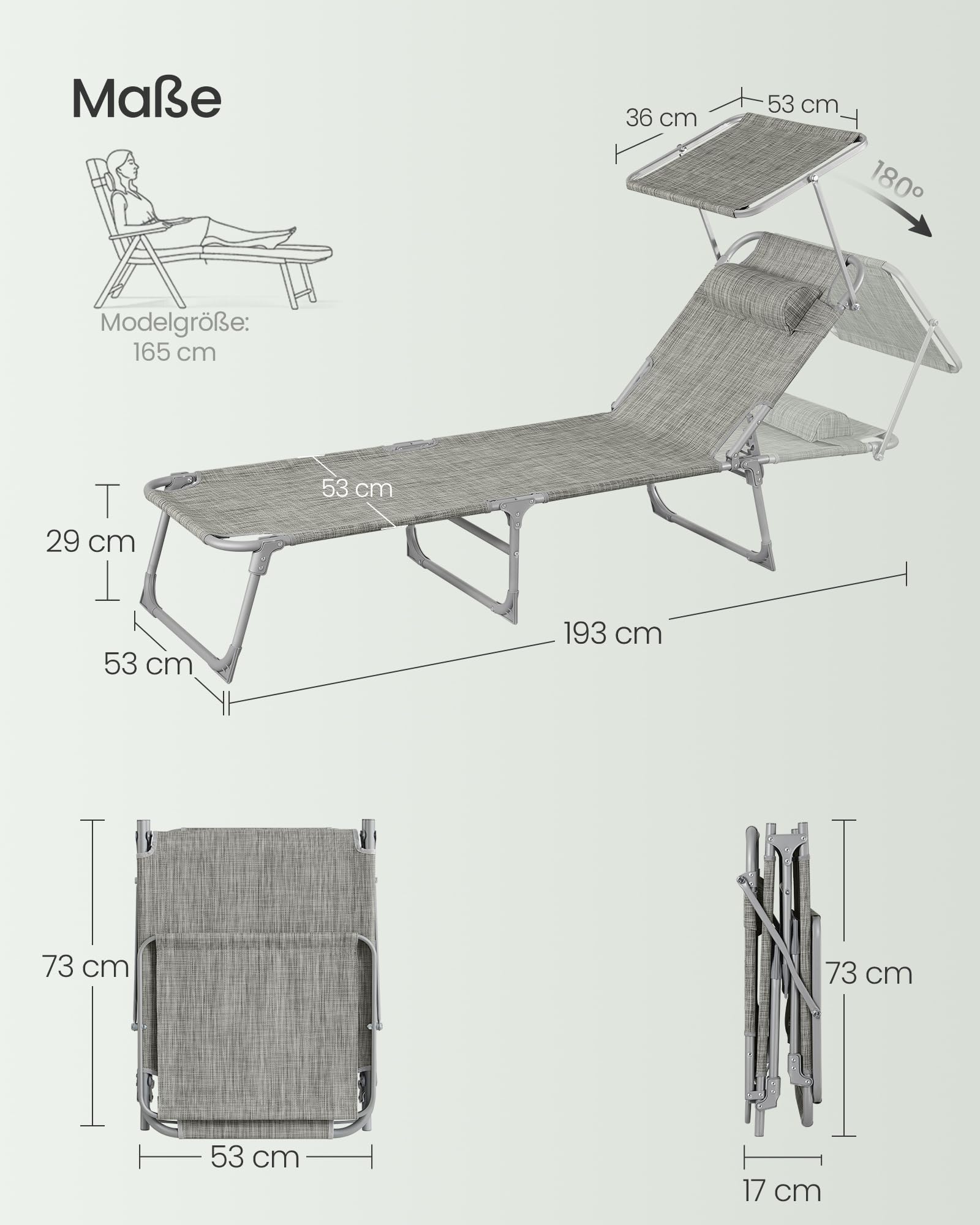 Sonnenliege, klappbarer Liegestuhl, 193 x 53 x 29 cm, trägt bis zu 150 kg, Sonnenschutz, Kopfkissen, verstellbare Rückenlehne, für Garten, Pool, Terrasse