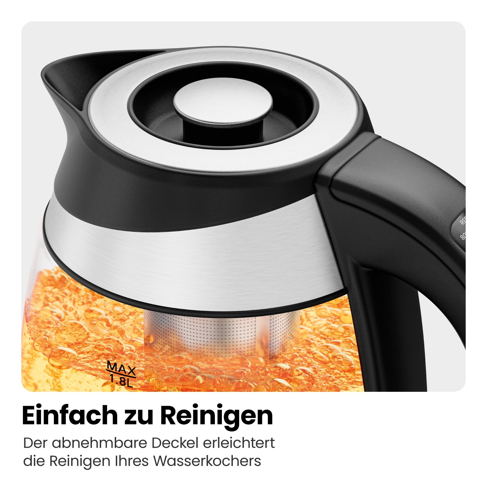 Elektrischer Wasserkocher Glas mit Teesieb, 1.8 Liter, LED-Anzeige / BPA-Frei, 2200 Watt, Edelstahl