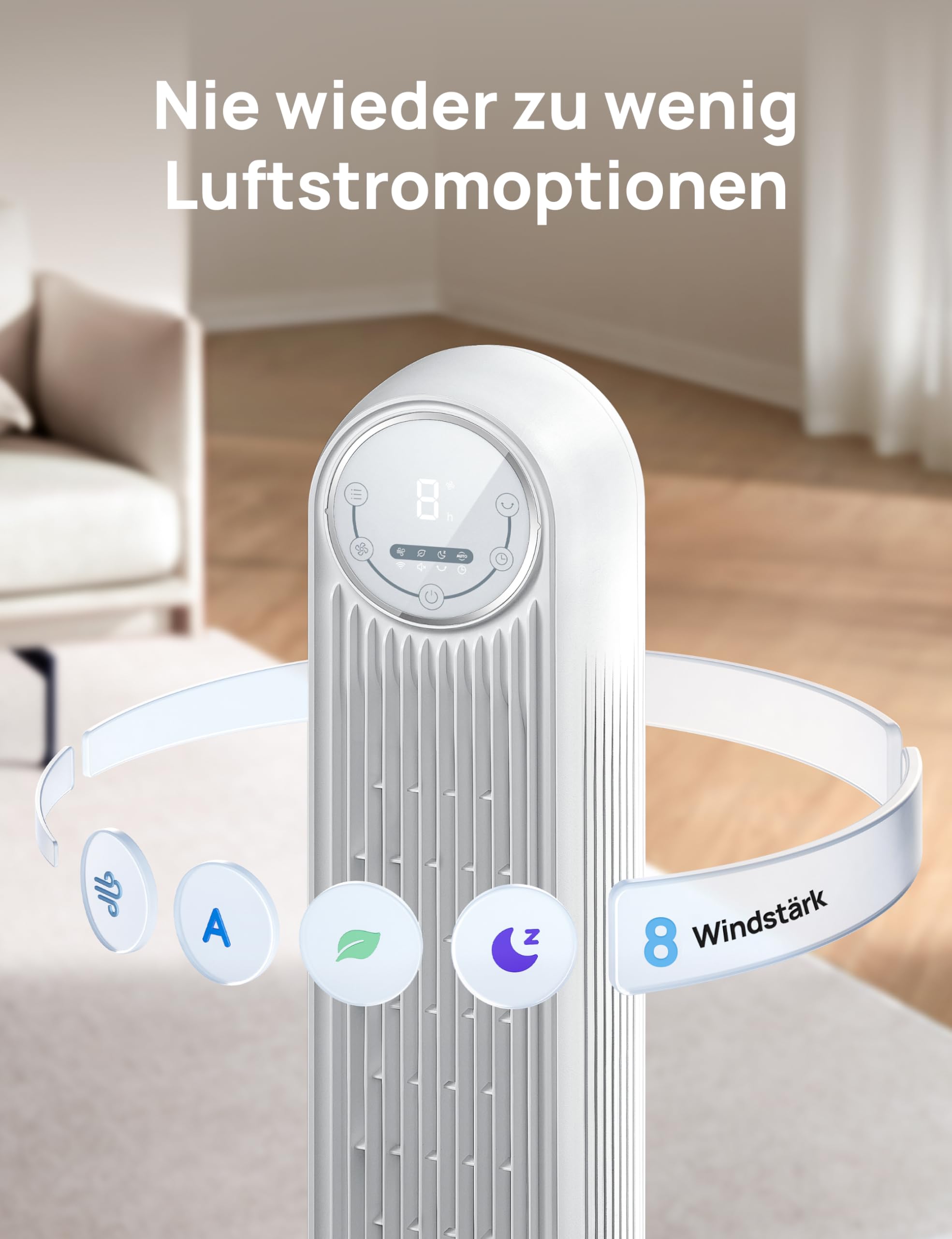 Leiser Turmventilator, 10 m Wurfweite 8 Geschwindigstufen 4 Modi 8 Std. Timer 90° oszillierende Ventilator mit Kühlung Fernbedienung für Schlafzimmer,Turmventilator 307, Schwarz