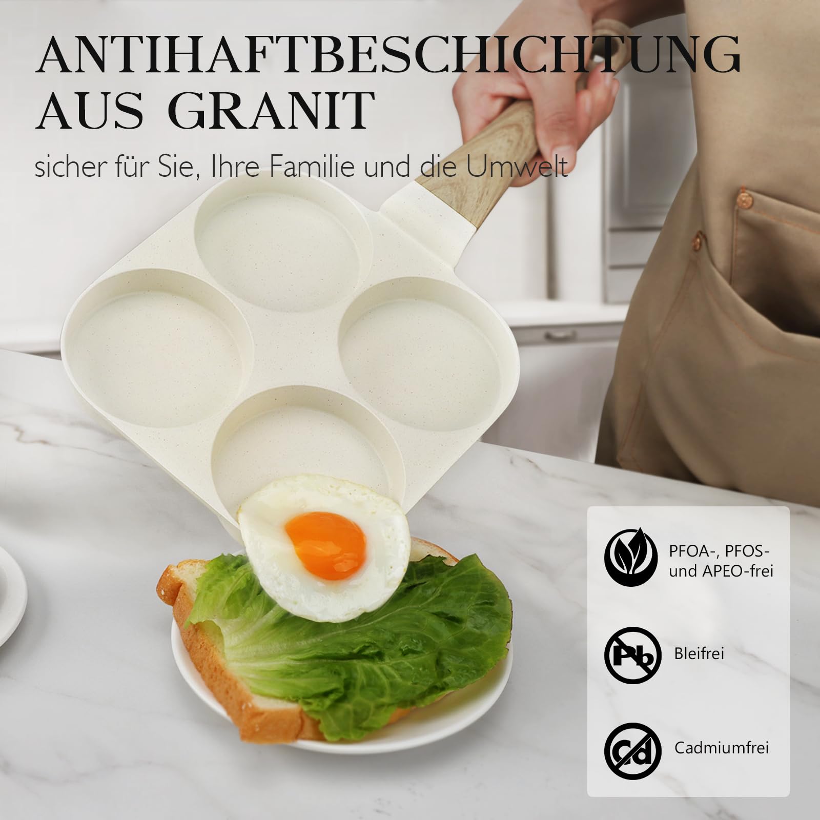 Spiegeleipfanne, 3-Loch Omlettenpfanne, Granit-Antihaftbeschichtung, PFOS/PFOA-Frei Eierpfanne für Gebratenes Frühstück/Eier/Wurst/Speck, Weiß