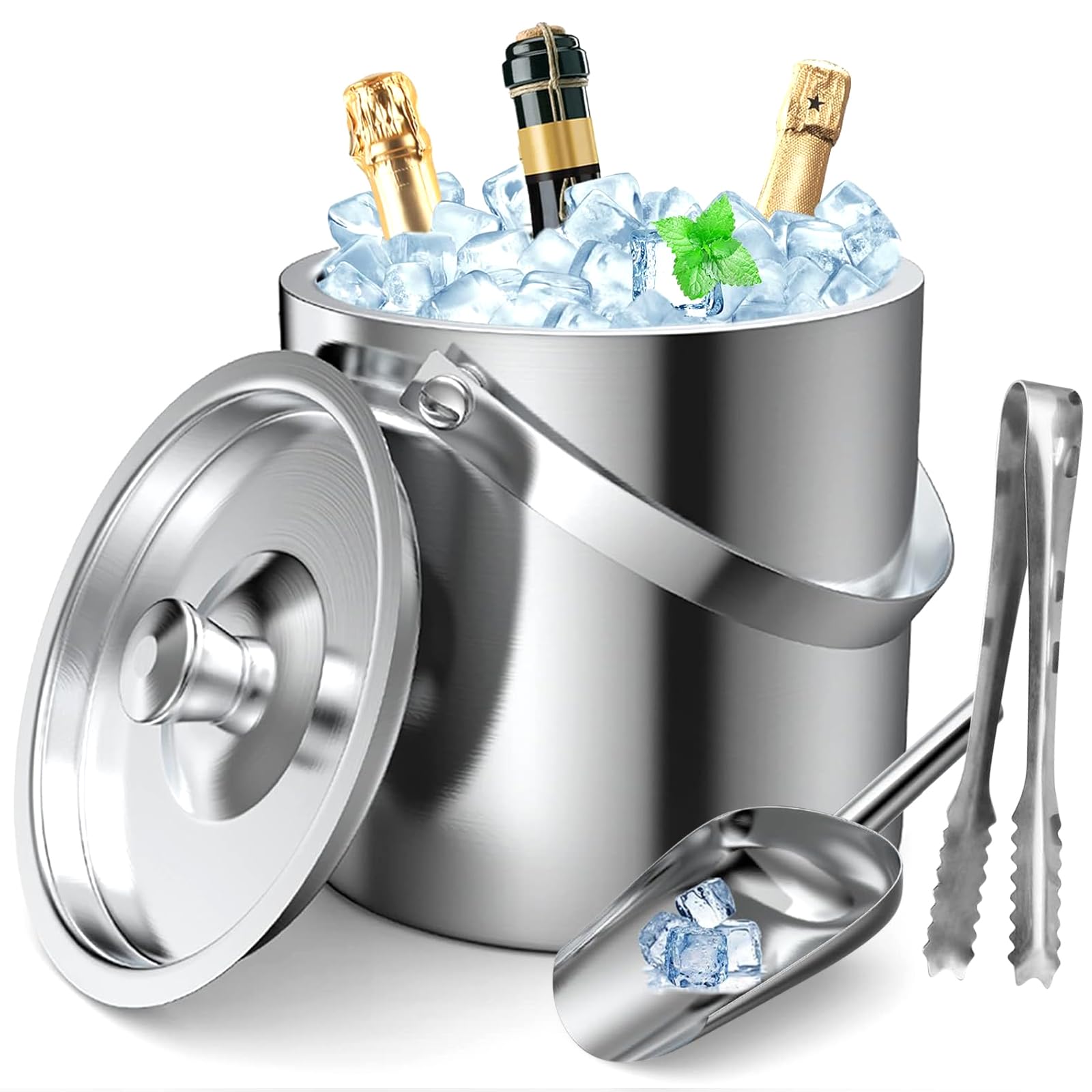 Edelstahl Eiswürfelschale, 1,6 L Eisküche mit Doppelwanddesign, Eiskübel für Eiswürfel, Eiskübel mit Deckel- und Eisschaufel & Zange, Tragbarer Eiskühler zum Kühlen von Bier, Champagner, Wein