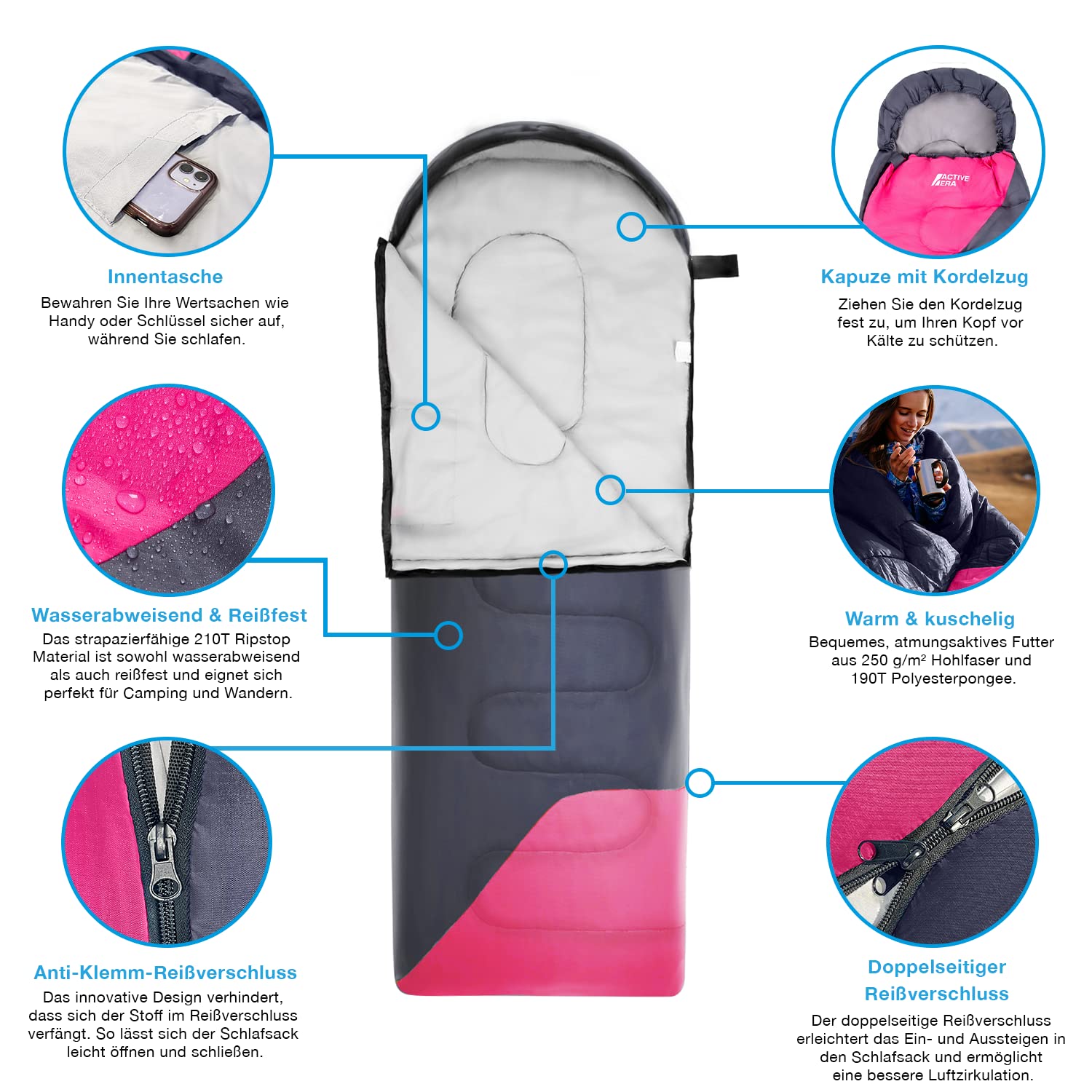 Active Era Premium Mumienschlafsack 250 GSM, Schlafsack Winter & Sommer, 0°C bis 15°C, Indoor und Outdoor Camping, Festivals, Sleeping Bag Wasserabweisend, Ultraleicht, Kleines Packmass