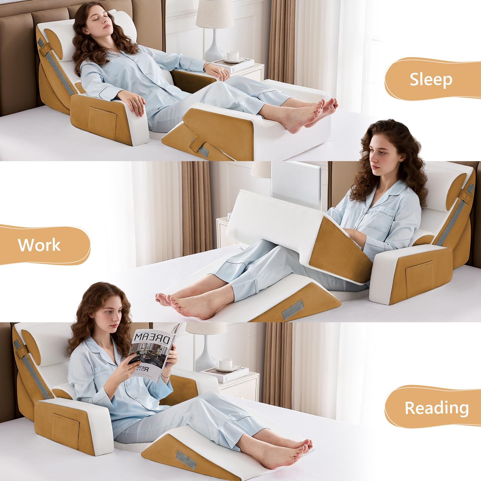 Orthopädische Bett Keil Kissen Set,Post Chirurgie Schaum Kissen für Körper, Rücken und Beine Schmerzlinderung,Justierbare Stützkissen mit Säure Reflux Bed Wedge Memory Foam Hellgrau