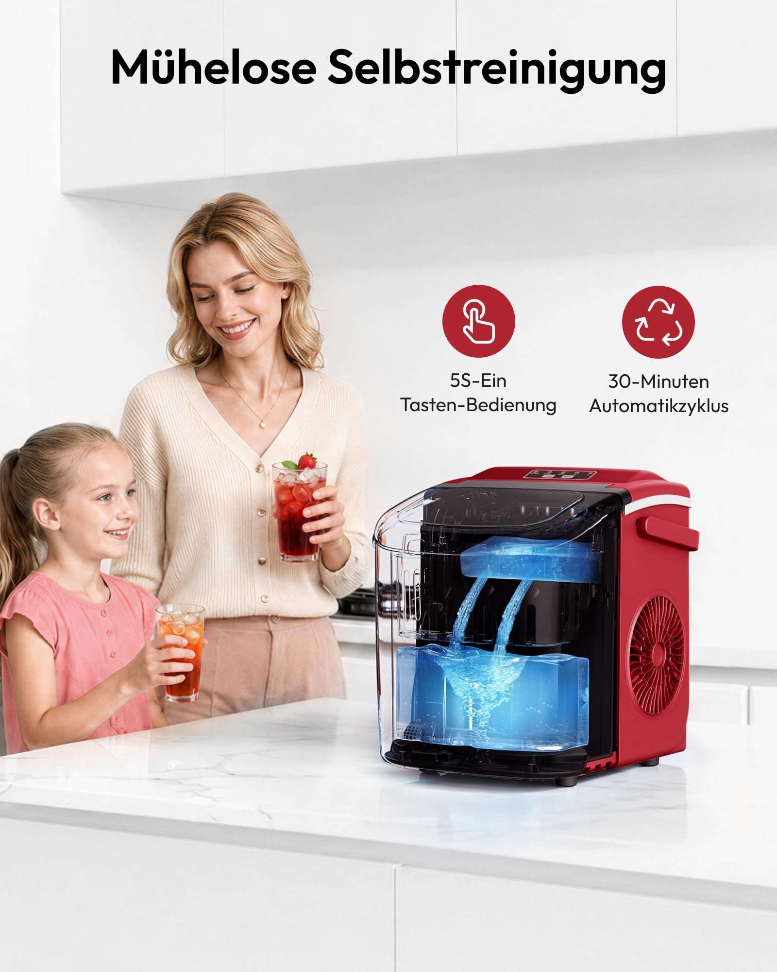 Eiswürfelmaschine Klein, 9 Eiswürfel in 6 Minuten, 12 kg/24H, Eiswürfelmaschine Edelstahl mit Tragbarem Griff, Selbstreinigender Kompakter Eiswürfelmaschinen für Zuhause/Küche/Büro/Bar