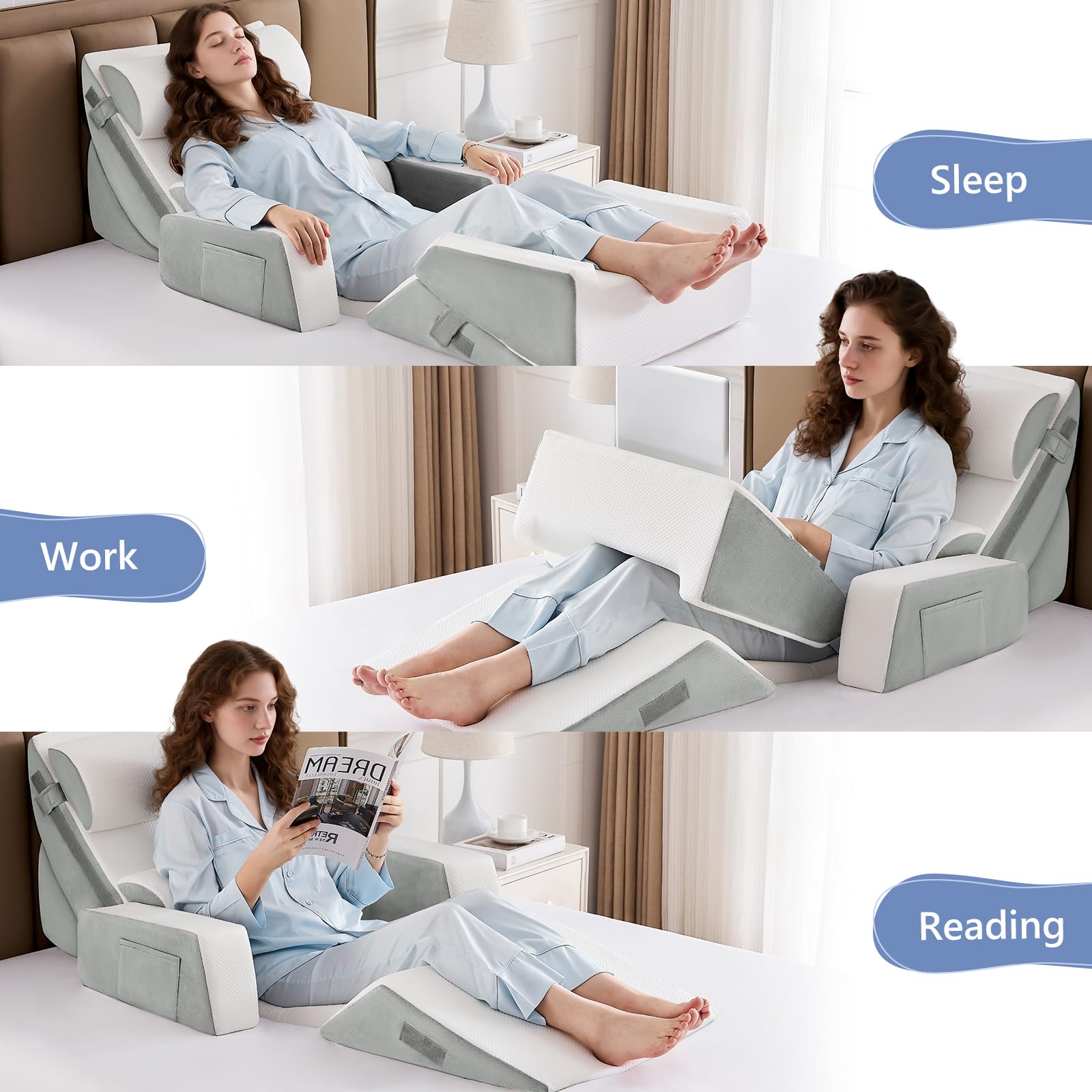 Orthopädische Bett Keil Kissen Set,Post Chirurgie Schaum Kissen für Körper, Rücken und Beine Schmerzlinderung,Justierbare Stützkissen mit Säure Reflux Bed Wedge Memory Foam Hellgrau