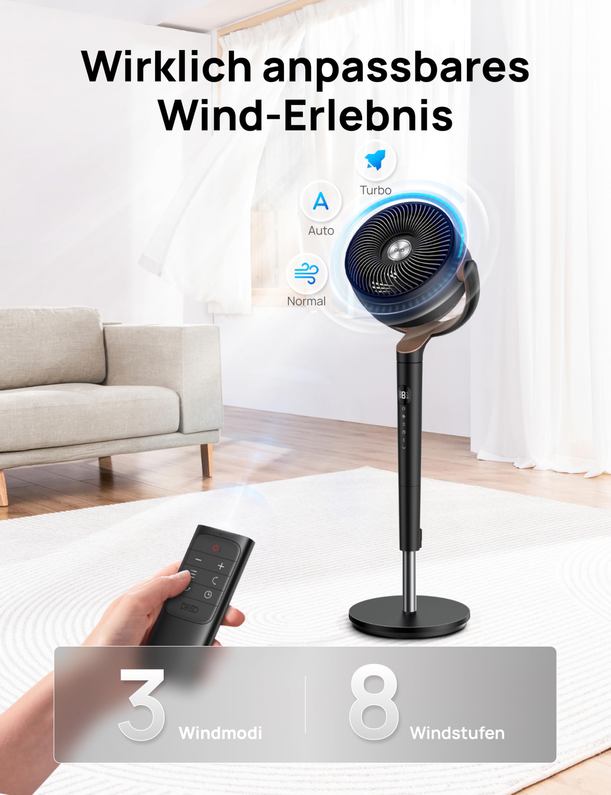 Starker Standventilator Smart mit RGB Light, 120° +120° Oszillierender Ventilator mit Fernbedienung, 20dB Leiser Bodenventilator / Turmventilator für Schlafzimmer, 8H Timer, Silber
