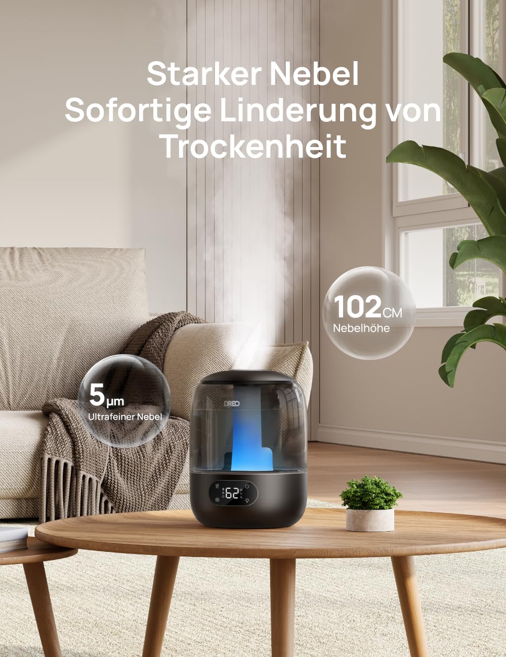 Luftbefeuchter für das Schlafzimmer, Kaltnebel-Ultraschallgerät mit 30 Stunden Laufzeit, 3L Top-Fill-Tank, Feuchtigkeitssensor, Nachtlicht für Babys, Kinderzimmer, für Pflanzen und Zuhause