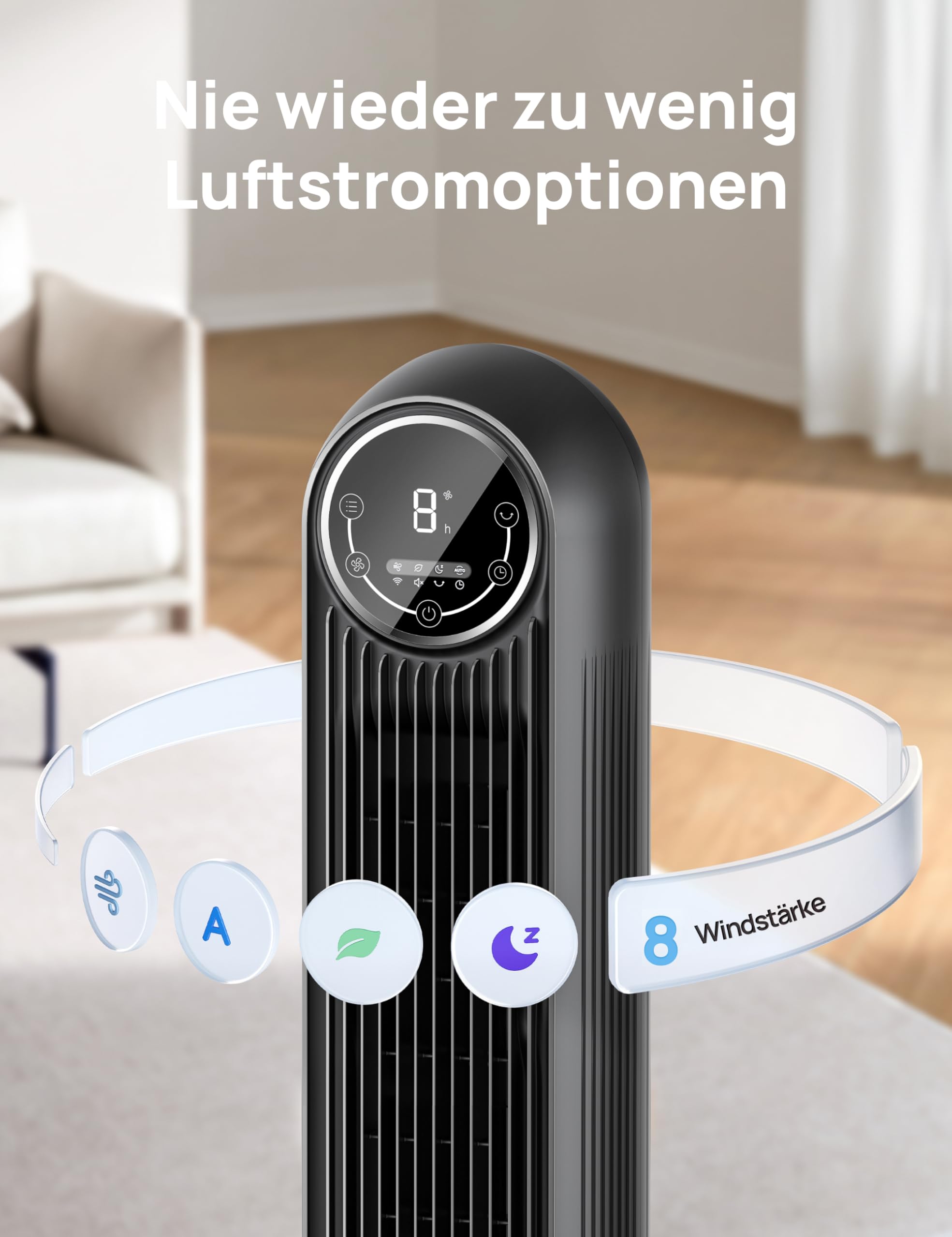 Leiser Turmventilator, 10 m Wurfweite 8 Geschwindigstufen 4 Modi 8 Std. Timer 90° oszillierende Ventilator mit Kühlung Fernbedienung für Schlafzimmer,Turmventilator 307, Schwarz