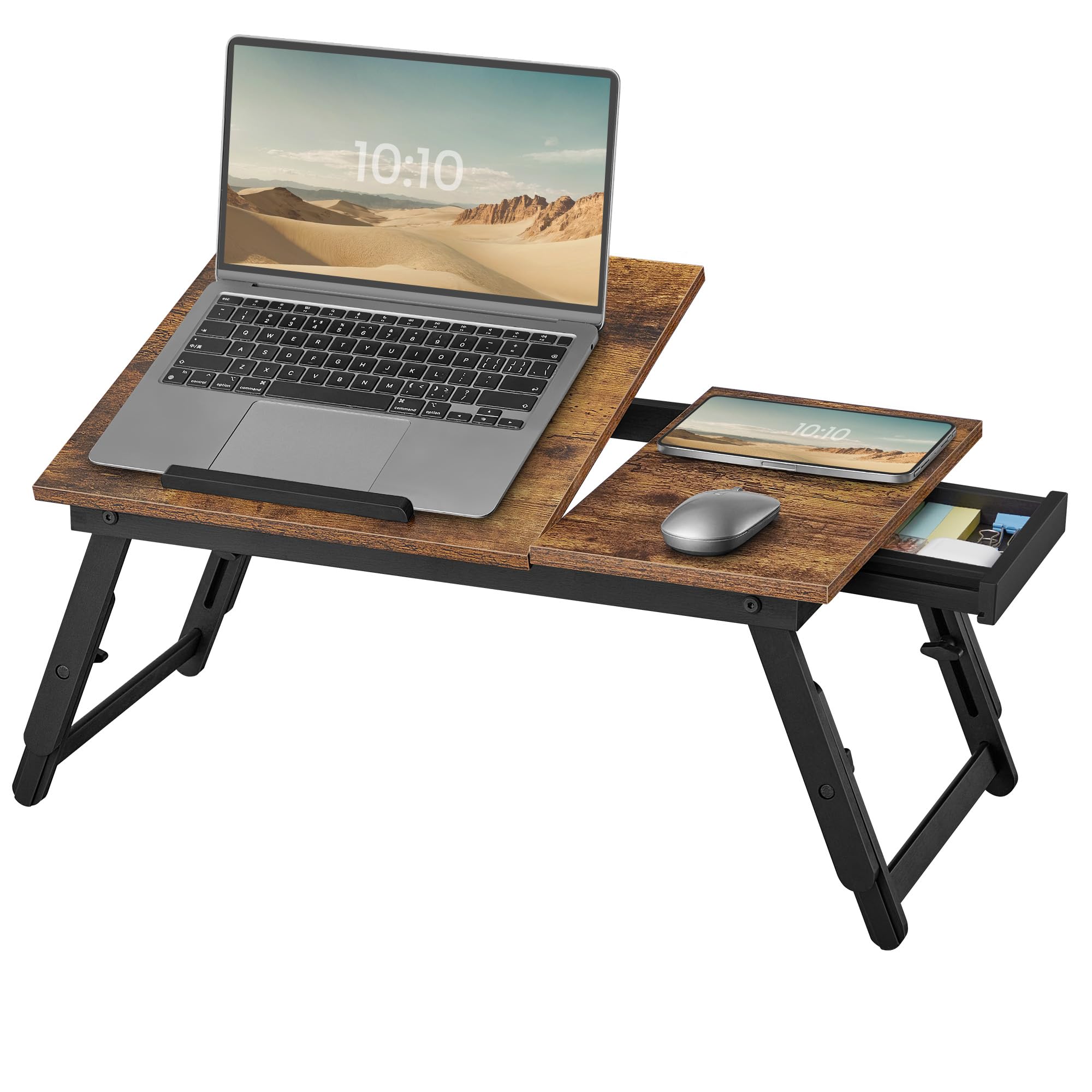 Laptoptisch für Bett, Laptopständer, Winkel- und höhenverstellbar, klappbare Beine, für Laptops bis 15,6 Zoll, Arbeiten, Lesen, Bambusbeine, Schublade, 55,5 x 34,9 cm, vintagebraun LLD105B01