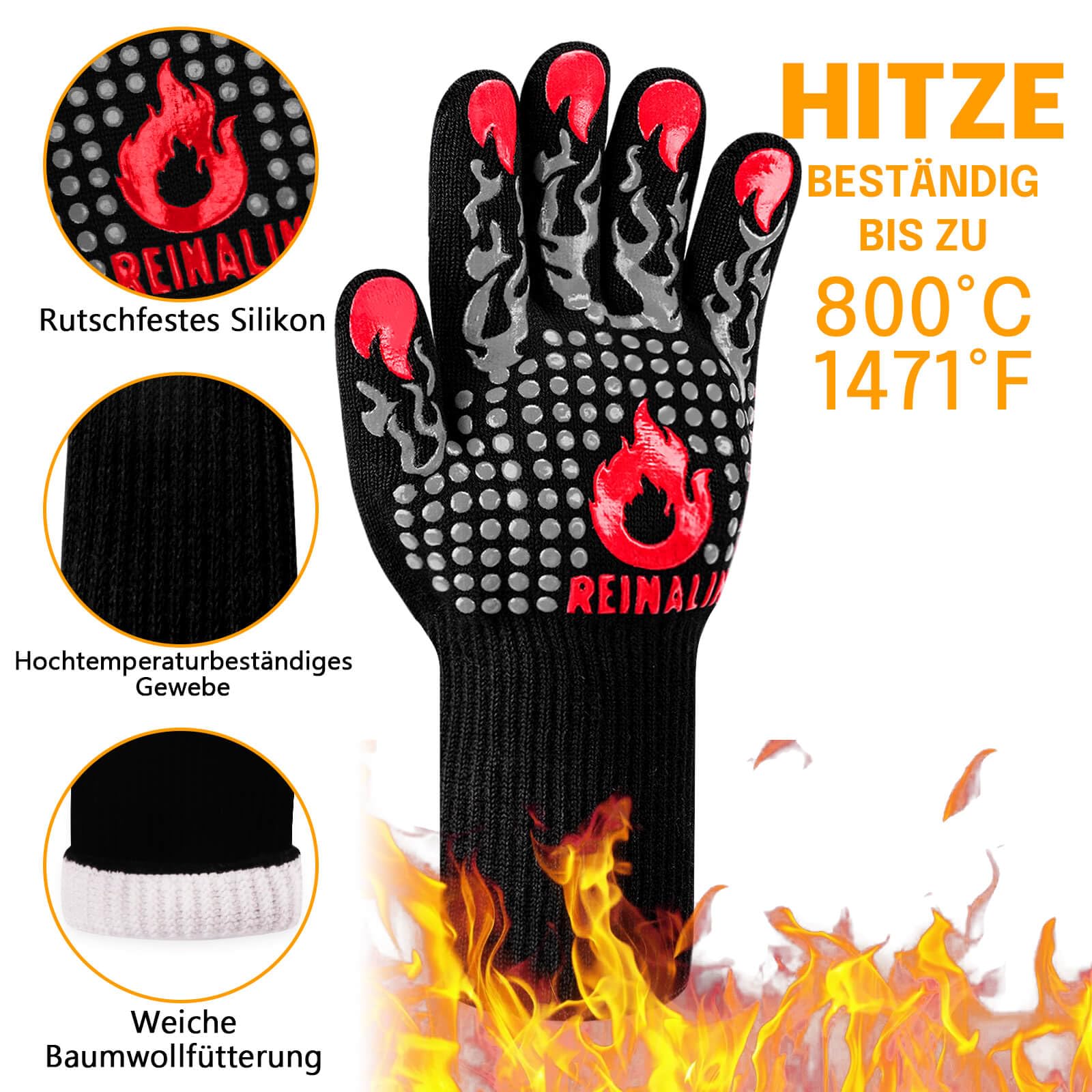 Reinalin Grillhandschuhe Hitzebeständig bis 800°C, Ofenhandschuhe Topfhandschuhe Feuerfeste Handschuhe BBQ Handschuhe Kochhandschuhe Backhandschuhe Backofenhandschuhe (L/XL/XXL, Schwarz)
