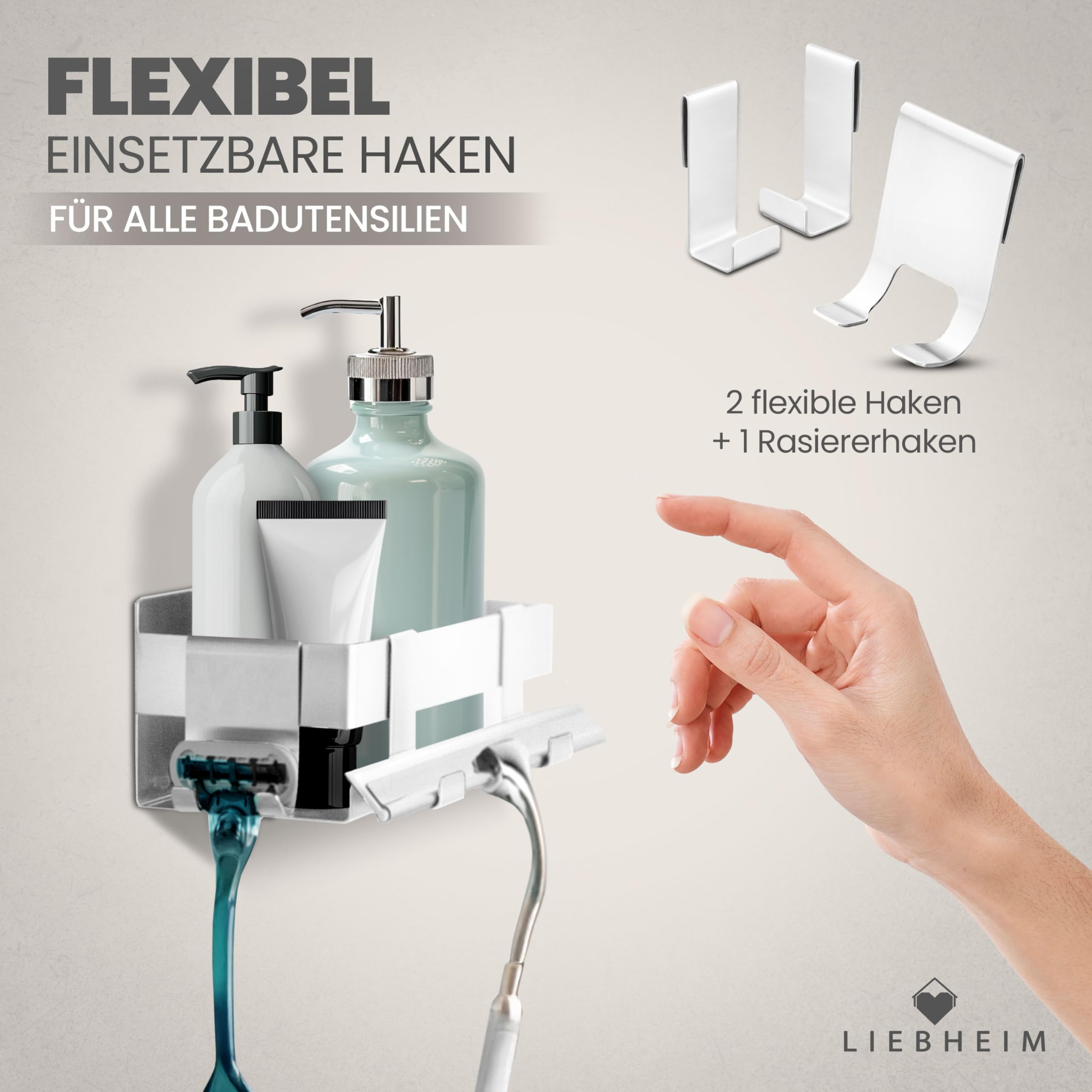 Duschablage Ohne Bohren - Badregal - Duschkorb - Bad Organizer | Massiv - silber gebürstet - 22 cm x 9 cm - 2 Klebevarianten für Nass- und Trockenbereich