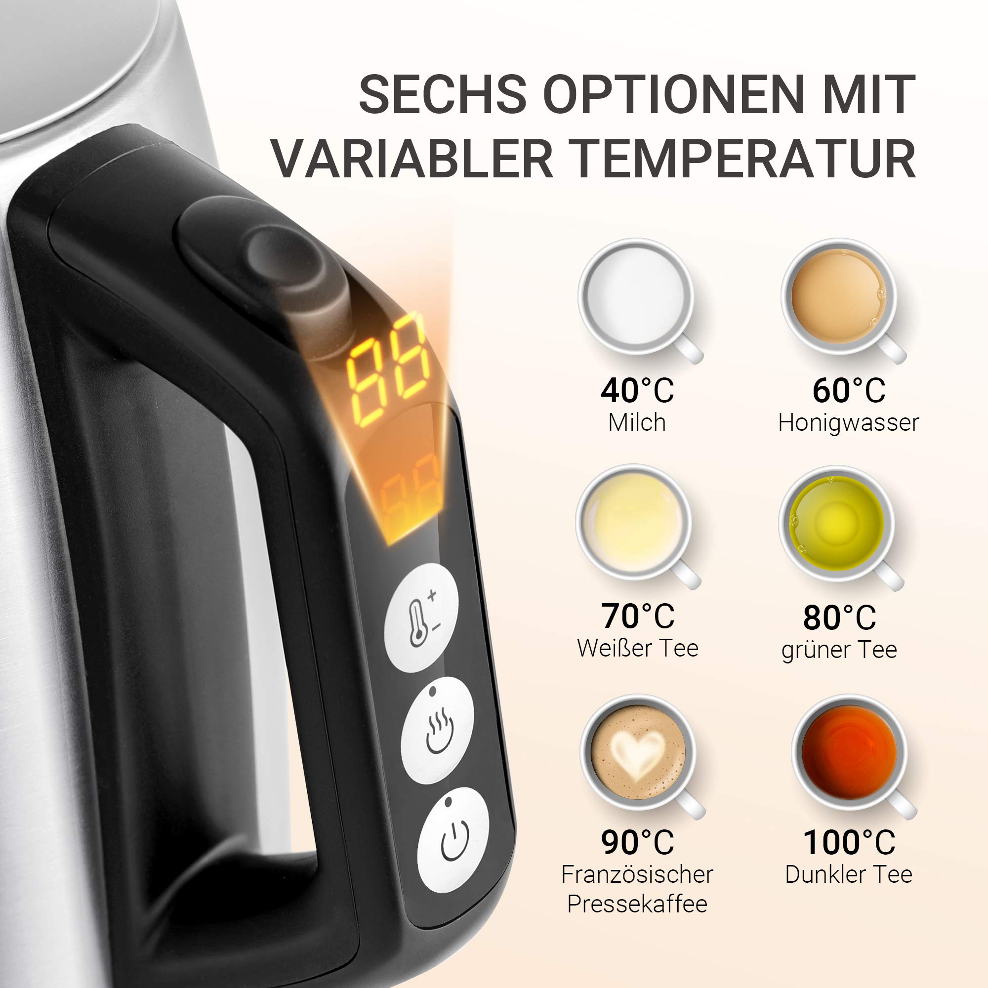 Edelstahl-Kessel mit Temperatureinstellung, 45°C - 100°C, 1,5 Liter, 2200 W Wasserkocher weiß, Teebereiter mit Temperaturanzeige und Sicherheitsfunktionen, BPA-frei, Doppelwanddesign