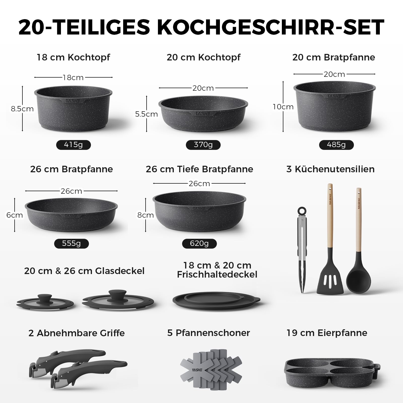 20er Set Kochtopf mit Anti-Haft-Beschichtung, abnehmbare Griffe, geeignet für Induktionskocher, Ofen bis 230 °C, Geschirrspüler sicher / NEU & OVP!
