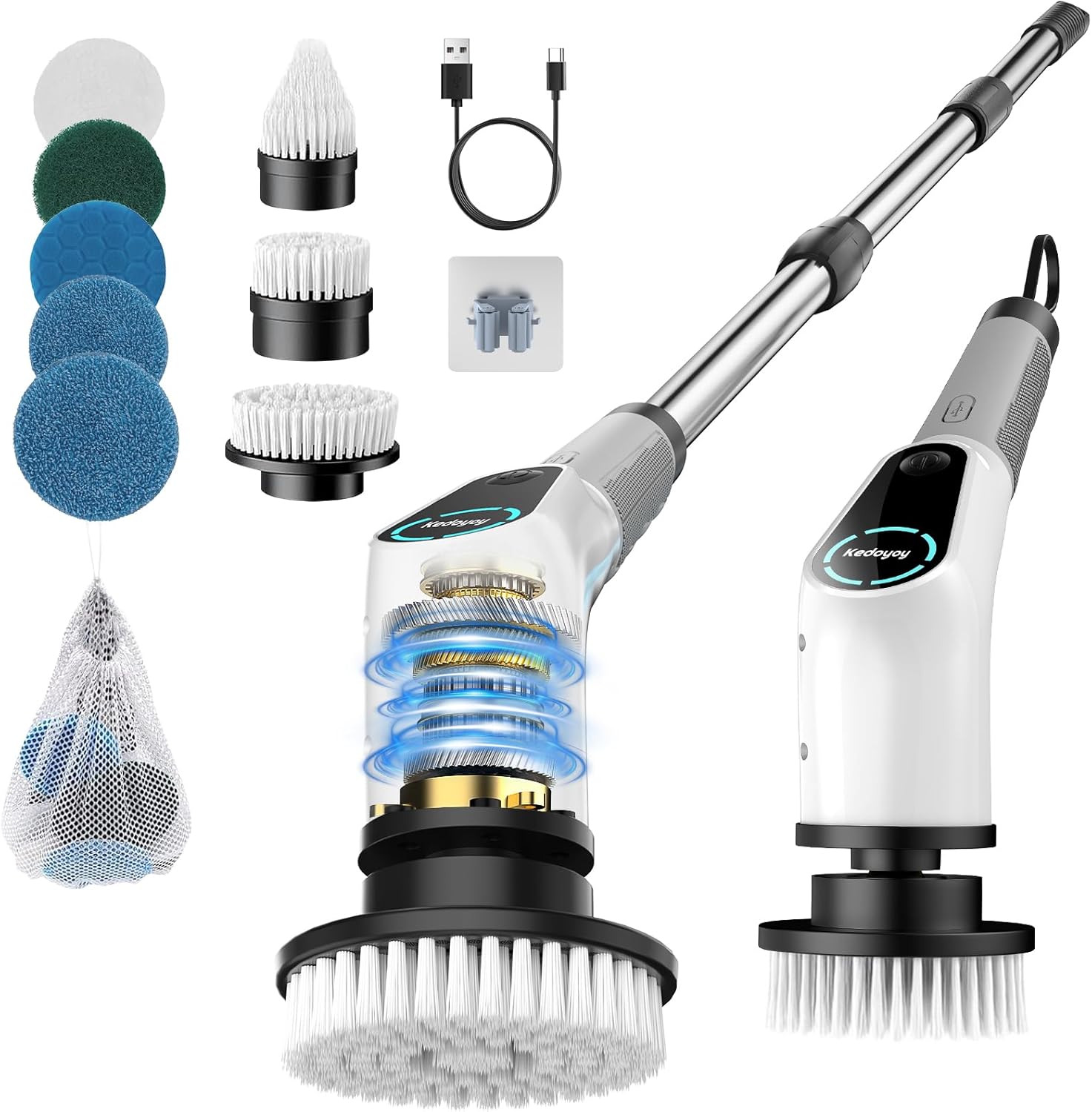 Elektrische Reinigungsbürste, 8 in 1 Electric Cleaning Brush | mit austauschbaren Bohrbürstenköpfen, Wanne mopSet, Elektrische Putzbürste mit Verstellbarem Griff für Bad Küche Auto Fußbode