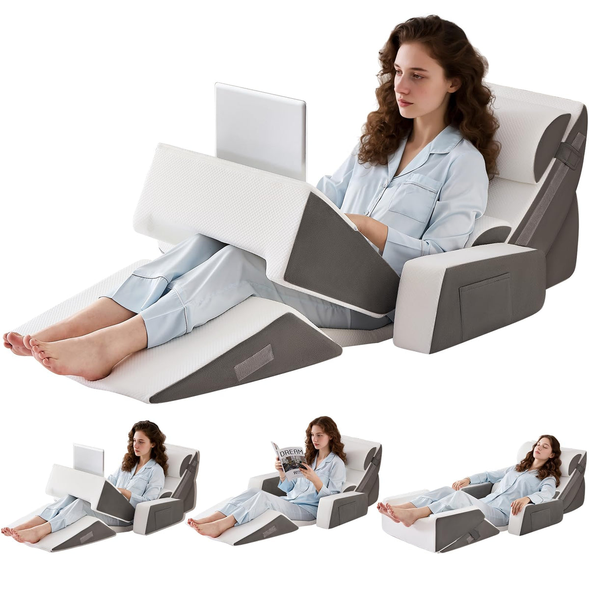 9PCS Orthopädische Bett Keil Kissen Set,Post Chirurgie Schaum Kissen für Körper,Rücken und Beine Schmerzlinderung,Justierbare Stützkissen mit Säure Reflux Bed Wedge Memory Foam Marineblau