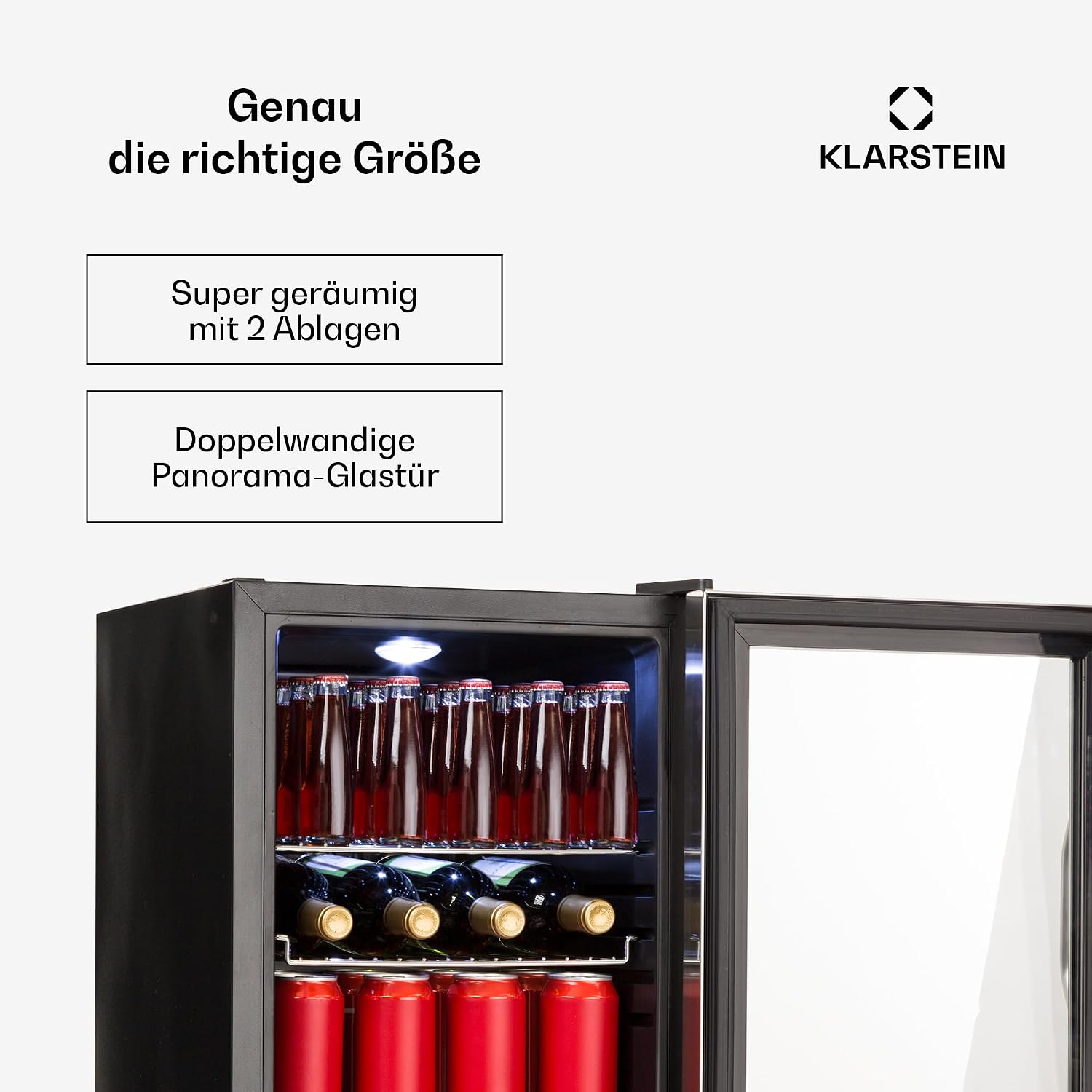 Getränkekühlschrank 33 L – Mini Kühlschrank mit Glastür, Silber-Schwarz | LED-Beleuchtung, herausnehmbare Metallablagen, leise, Flaschenkühlschrank für Getränke & Dosen