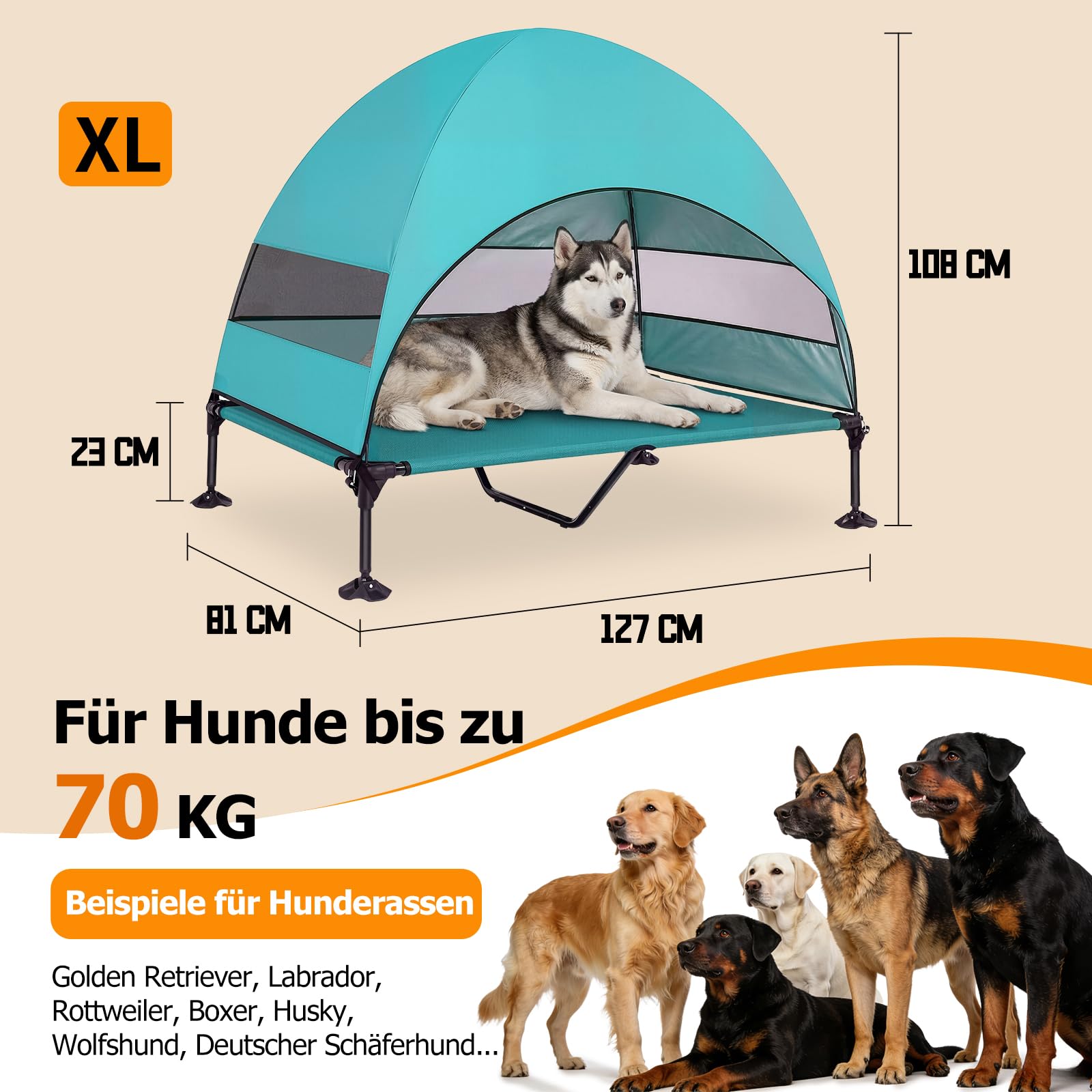 Erhöhtes Hundebett Outdoor mit UV-beständiges Dach,Hundeliege Klappbar mit Anti-Rutsch-Füßen, Hundezelt Outdoor mit Großem Schatten, Kühlendes ErhöHtes Hunde Bett für Camping, Garten & Pool (Grau, L)