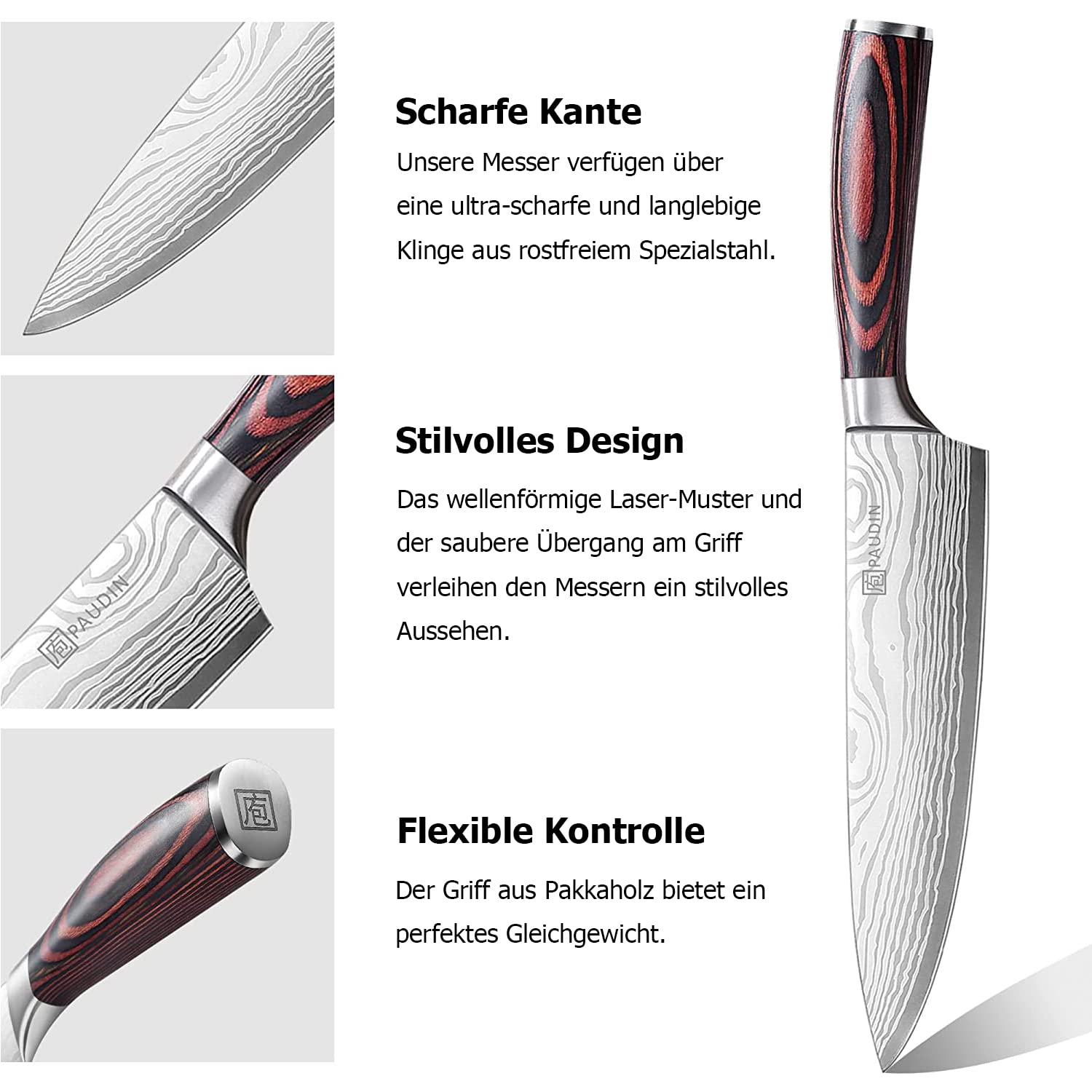 Küchenmesser-Set, 5-teiliges Küchenmesser-Set aus hochwertigem Kohlenstoff-Edelstahl, Ultra Sharp Messer-Set mit Kochmesser, Hackmesser, Nutzmesser