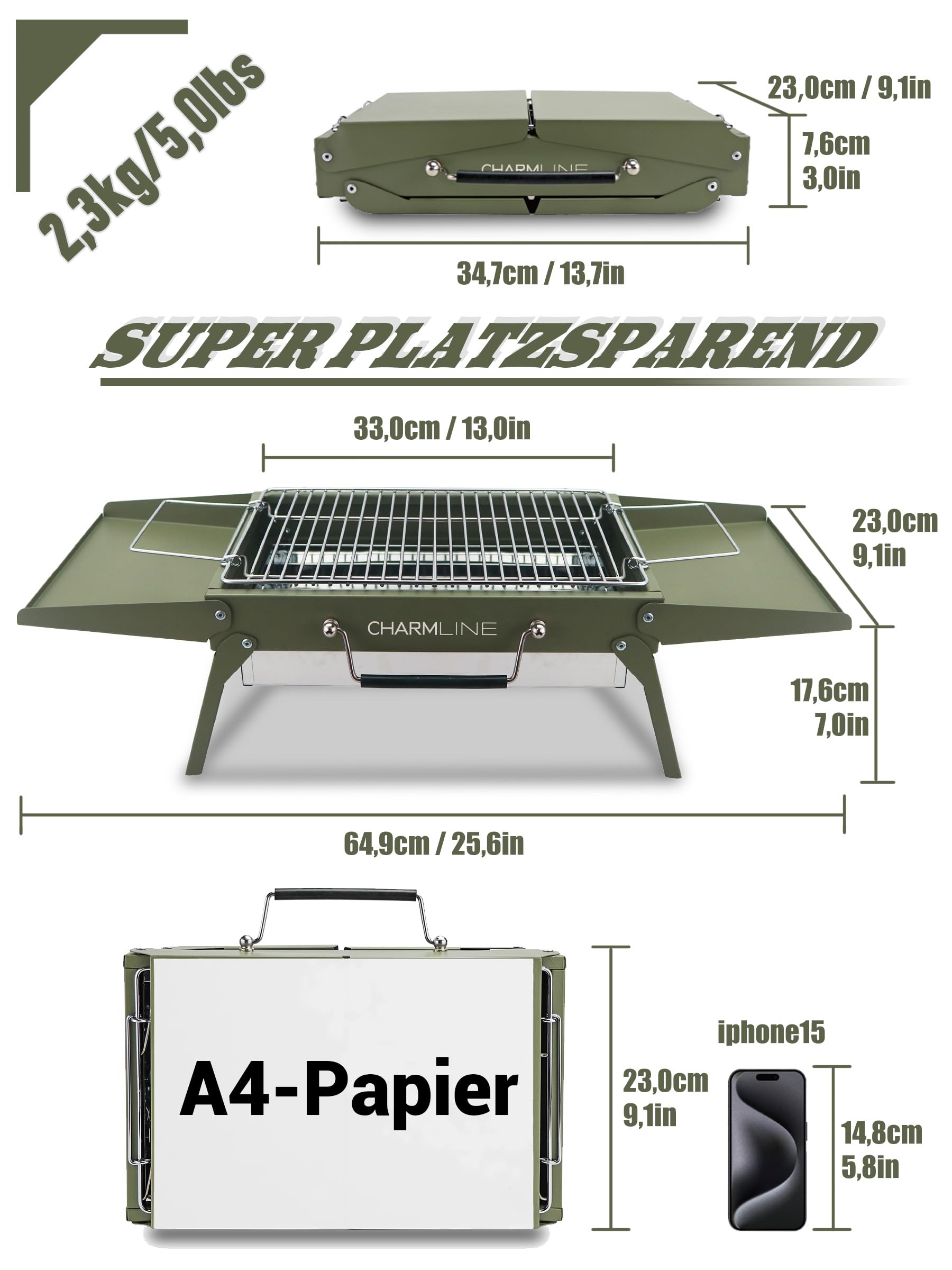 Tragbarer Holzkohlegrill, Klappbarer Campinggrill 35 x 23 cm für 1–3 Personen, Mini BBQ Grill für Balkon, Garten, Camping, Picknick und Strand