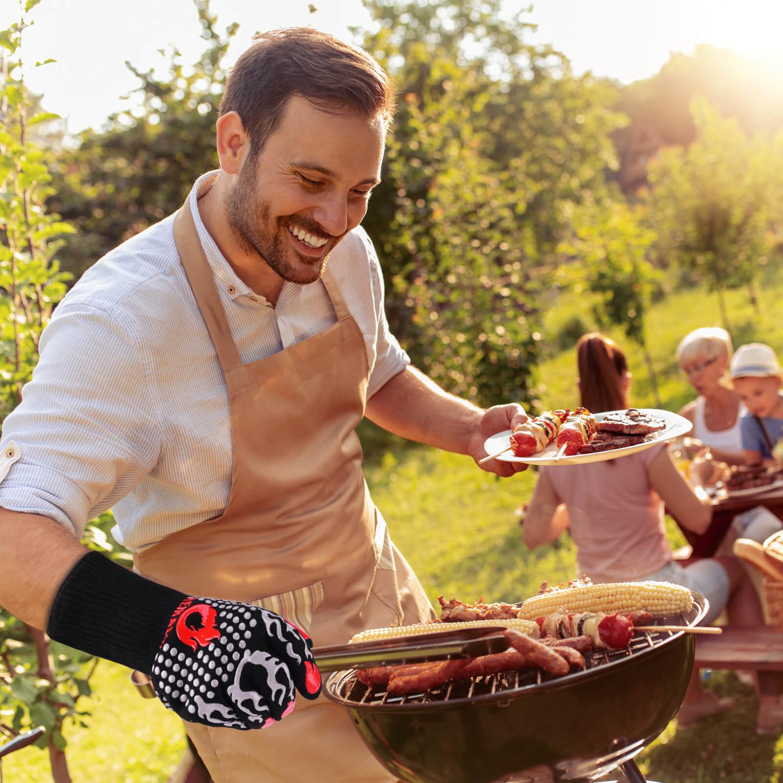 Reinalin Grillhandschuhe Hitzebeständig bis 800°C, Ofenhandschuhe Topfhandschuhe Feuerfeste Handschuhe BBQ Handschuhe Kochhandschuhe Backhandschuhe Backofenhandschuhe (L/XL/XXL, Schwarz)