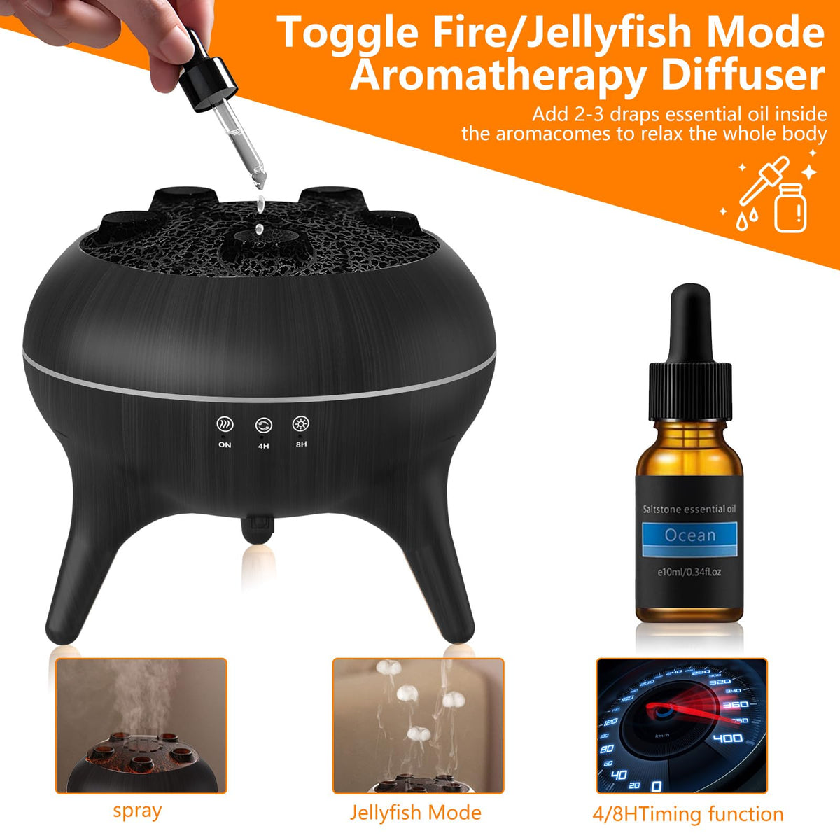 Flammen Aroma Diffuser, 250mL Luftbefeuchter Schlafzimmer, 2 Spray Muster DuftöL Diffuser,Air Diffuser Humidifier mit 7 Farben LED-Licht & Timing-Funktion