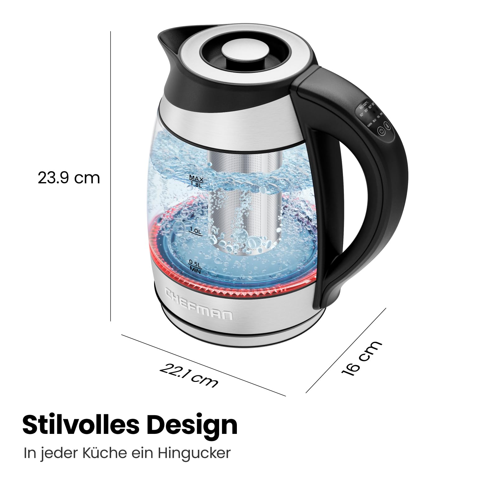 Elektrischer Wasserkocher Glas mit Teesieb, 1.8 Liter, LED-Anzeige / BPA-Frei, 2200 Watt, Edelstahl