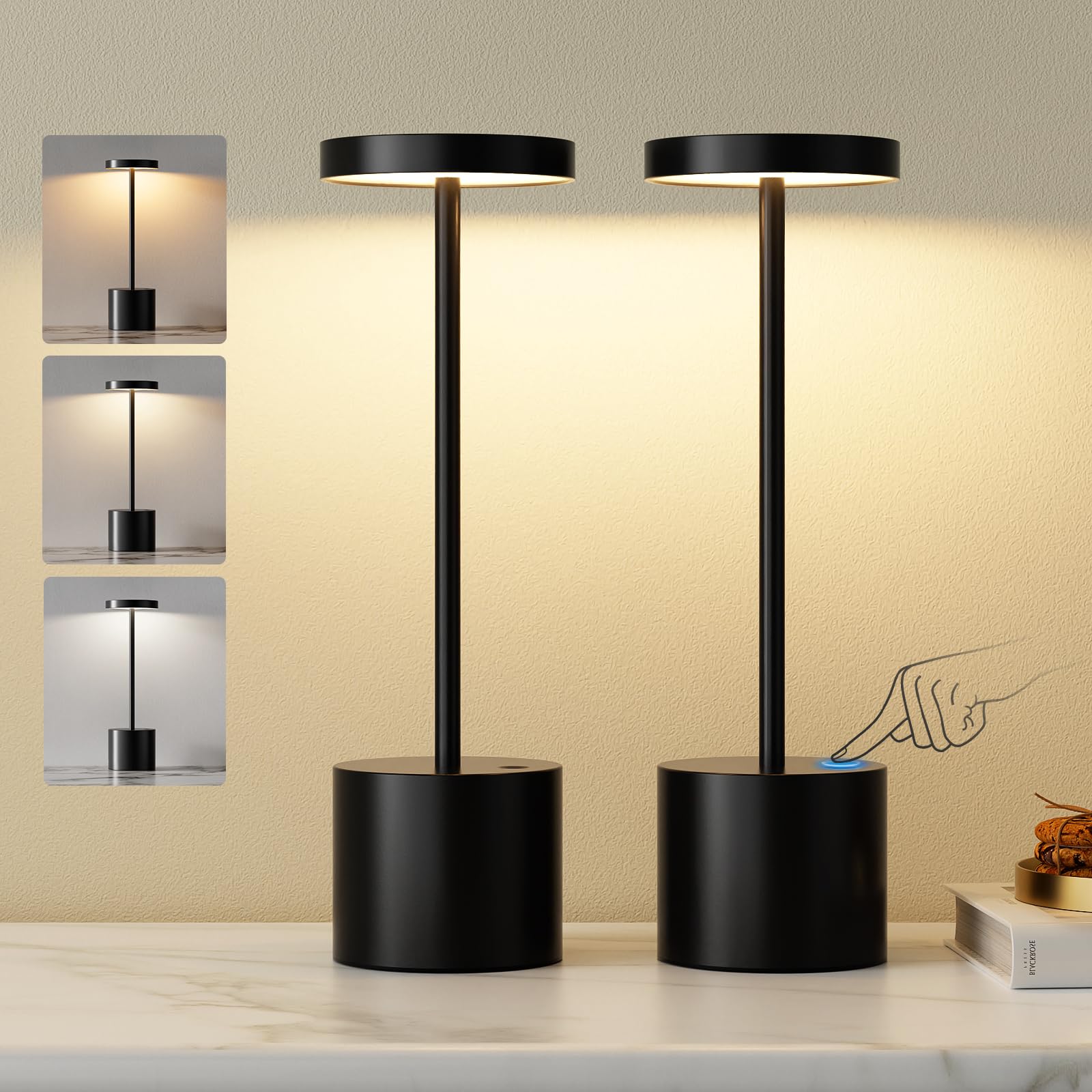 Lampe de table à piles, lampe de table LED sans fil, lampe de table sans fil à piles avec 3 températures de couleur, lampe de chevet tactile à intensité variable, intensité variable en continu pour les chambres