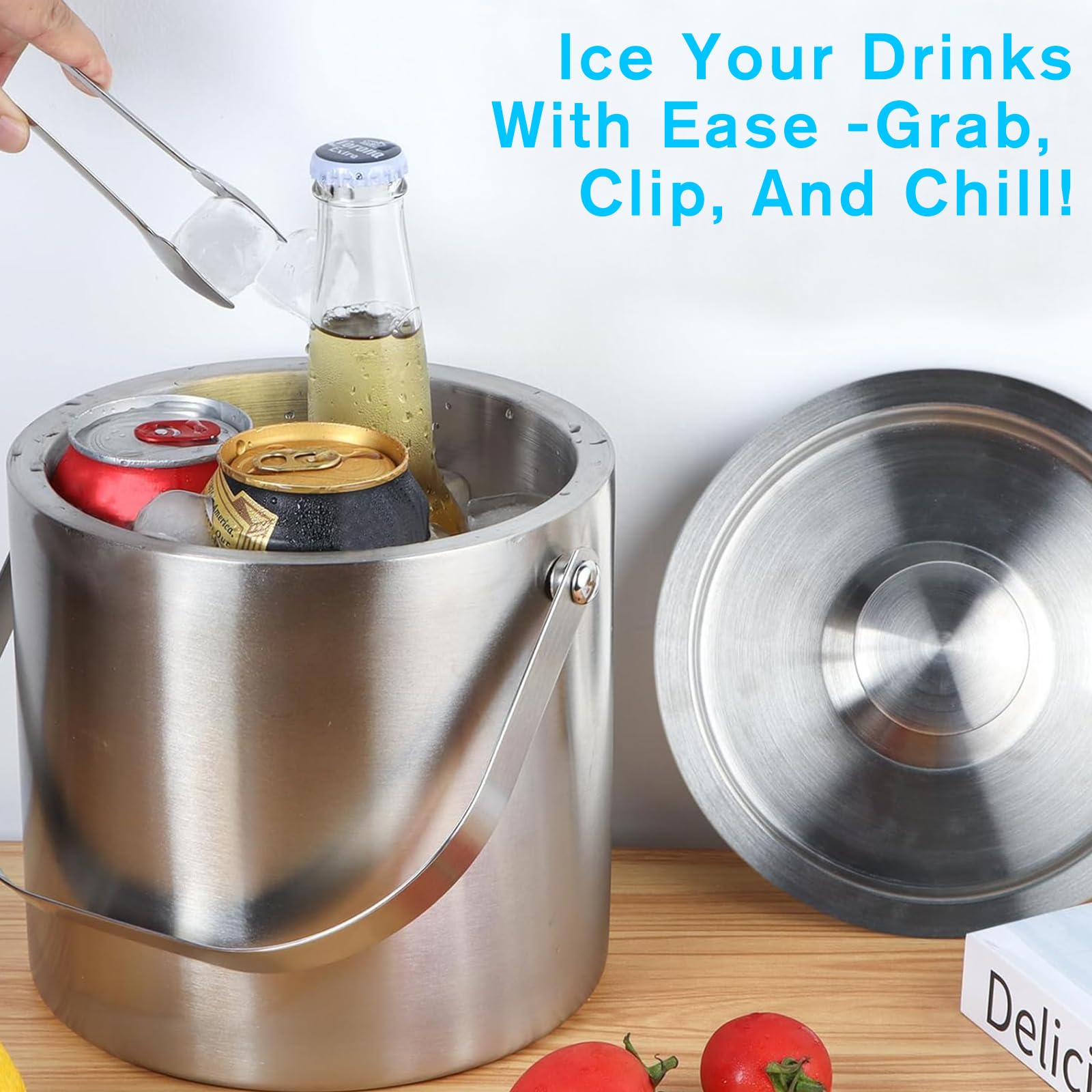 Edelstahl Eiswürfelschale, 1,6 L Eisküche mit Doppelwanddesign, Eiskübel für Eiswürfel, Eiskübel mit Deckel- und Eisschaufel & Zange, Tragbarer Eiskühler zum Kühlen von Bier, Champagner, Wein