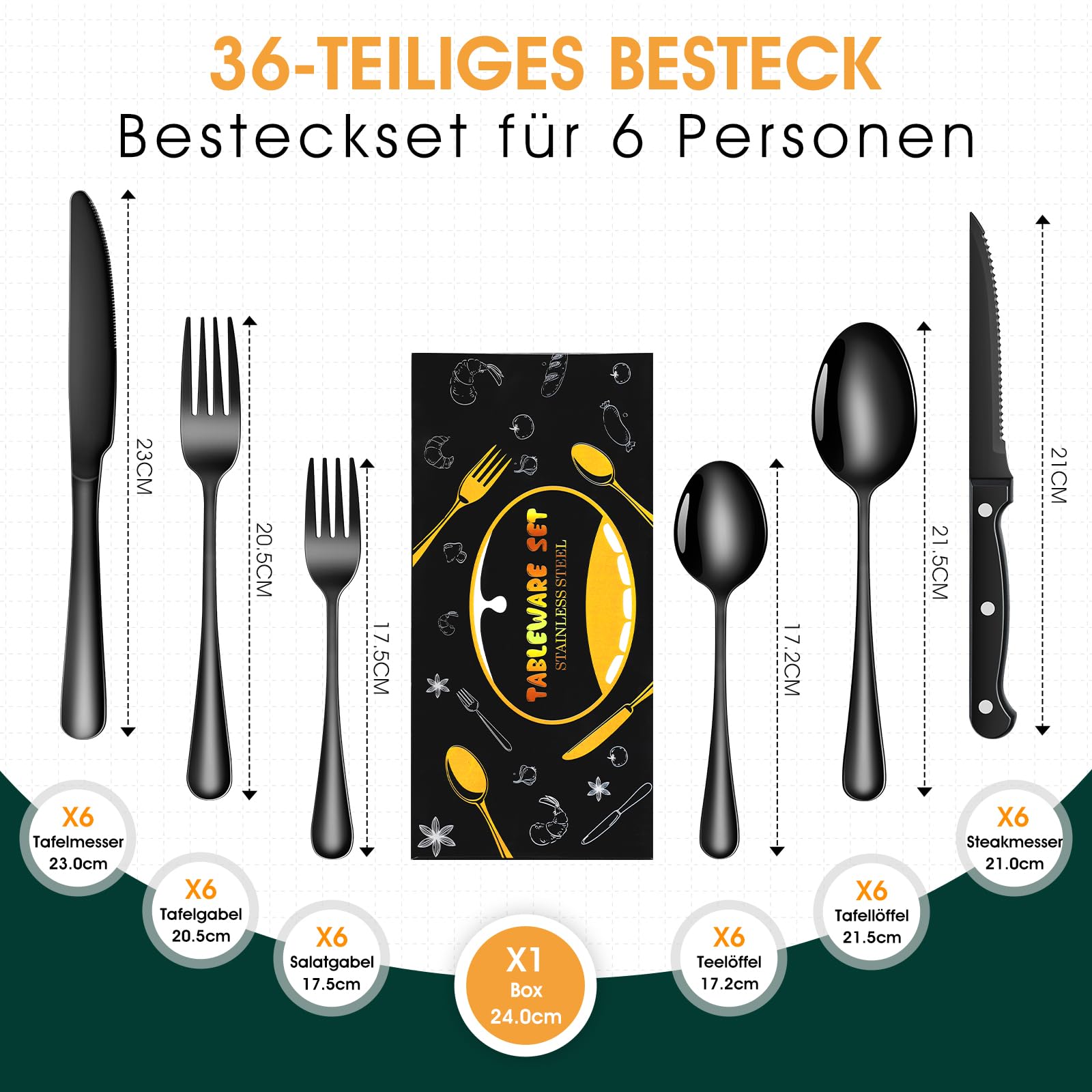 Besteck Set Schwarz für 8 Personen, 48-teiliges Edelstahlbesteckset mit Steakmesser, elegantes Besteck mit Messer, Gabel, Löffel, Besteck für Küche/Restaurant