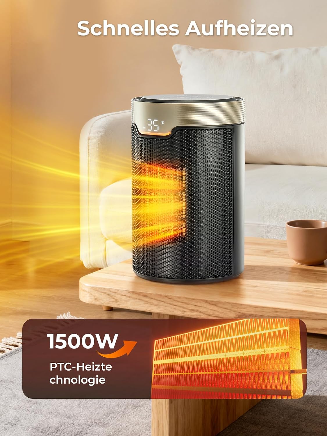 Heizlüfter Energiesparend, 24 Std Timer 32 dB Leiser 1500W PTC Keramik Elektrischer Heizlüfter mit Thermostat, Überhitzungs- & Kippschutz, Elektroheizung für Räume Schlafzimmer, ECO-Modus, Glod