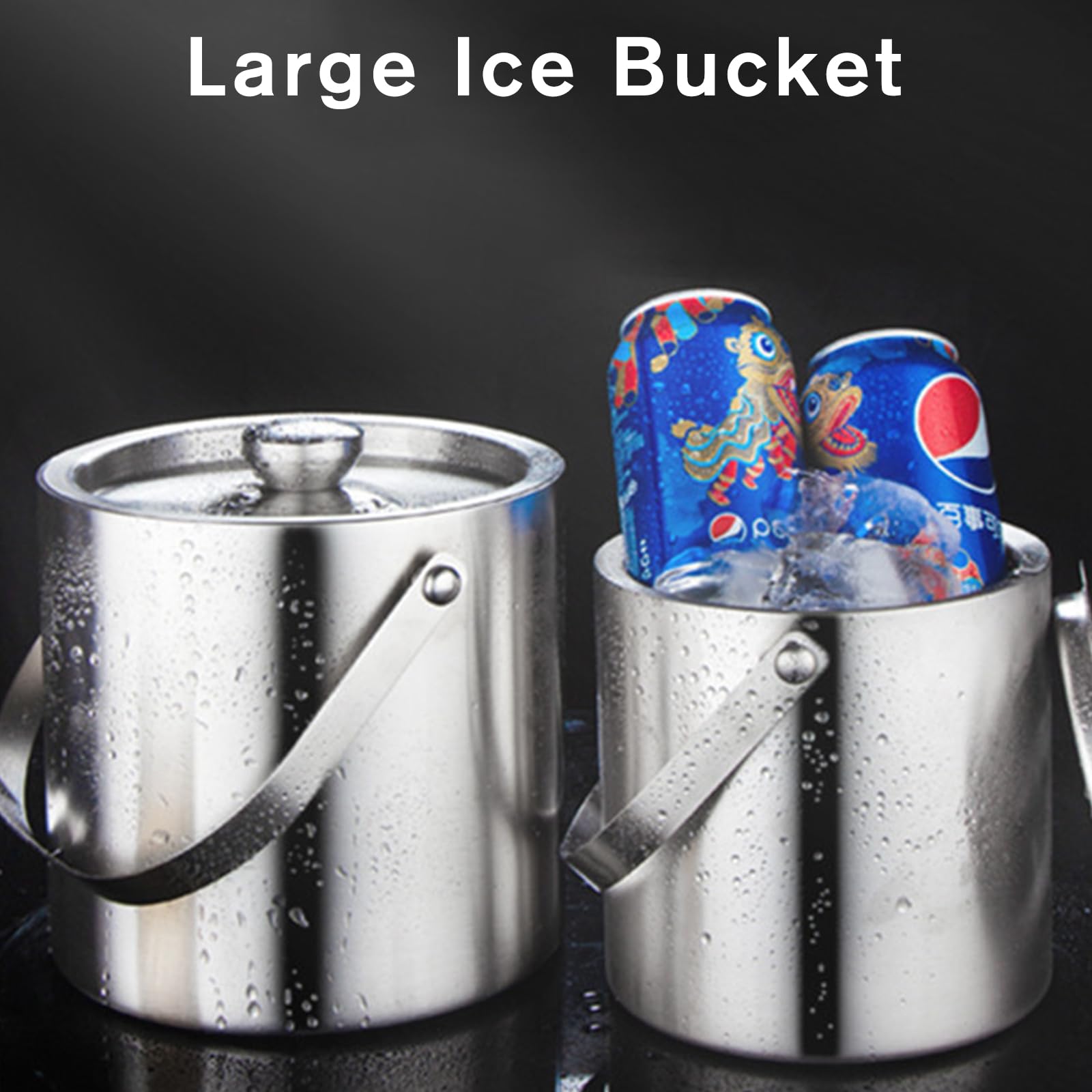 Edelstahl Eiswürfelschale, 1,6 L Eisküche mit Doppelwanddesign, Eiskübel für Eiswürfel, Eiskübel mit Deckel- und Eisschaufel & Zange, Tragbarer Eiskühler zum Kühlen von Bier, Champagner, Wein