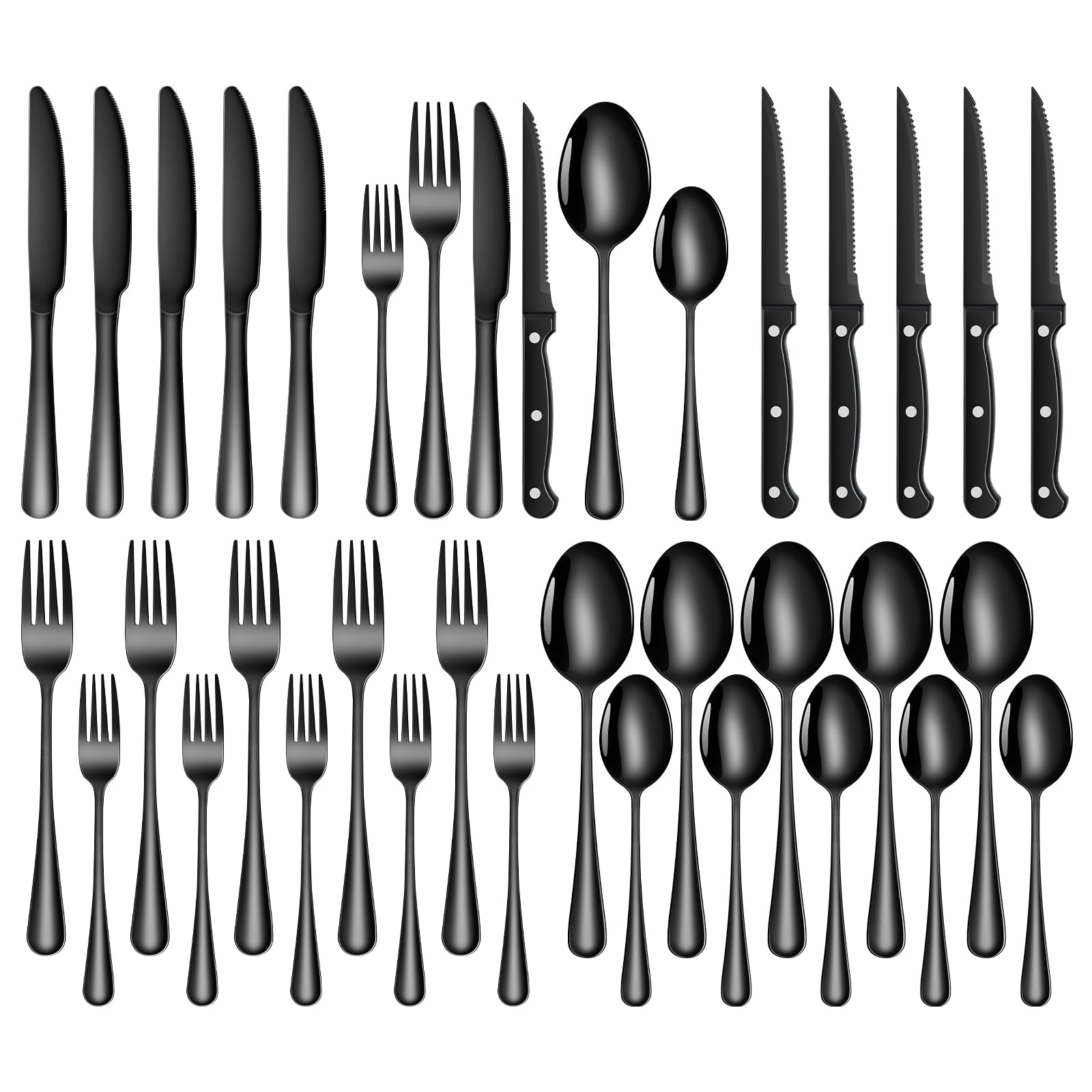 Besteck Set Schwarz für 8 Personen, 48-teiliges Edelstahlbesteckset mit Steakmesser, elegantes Besteck mit Messer, Gabel, Löffel, Besteck für Küche/Restaurant