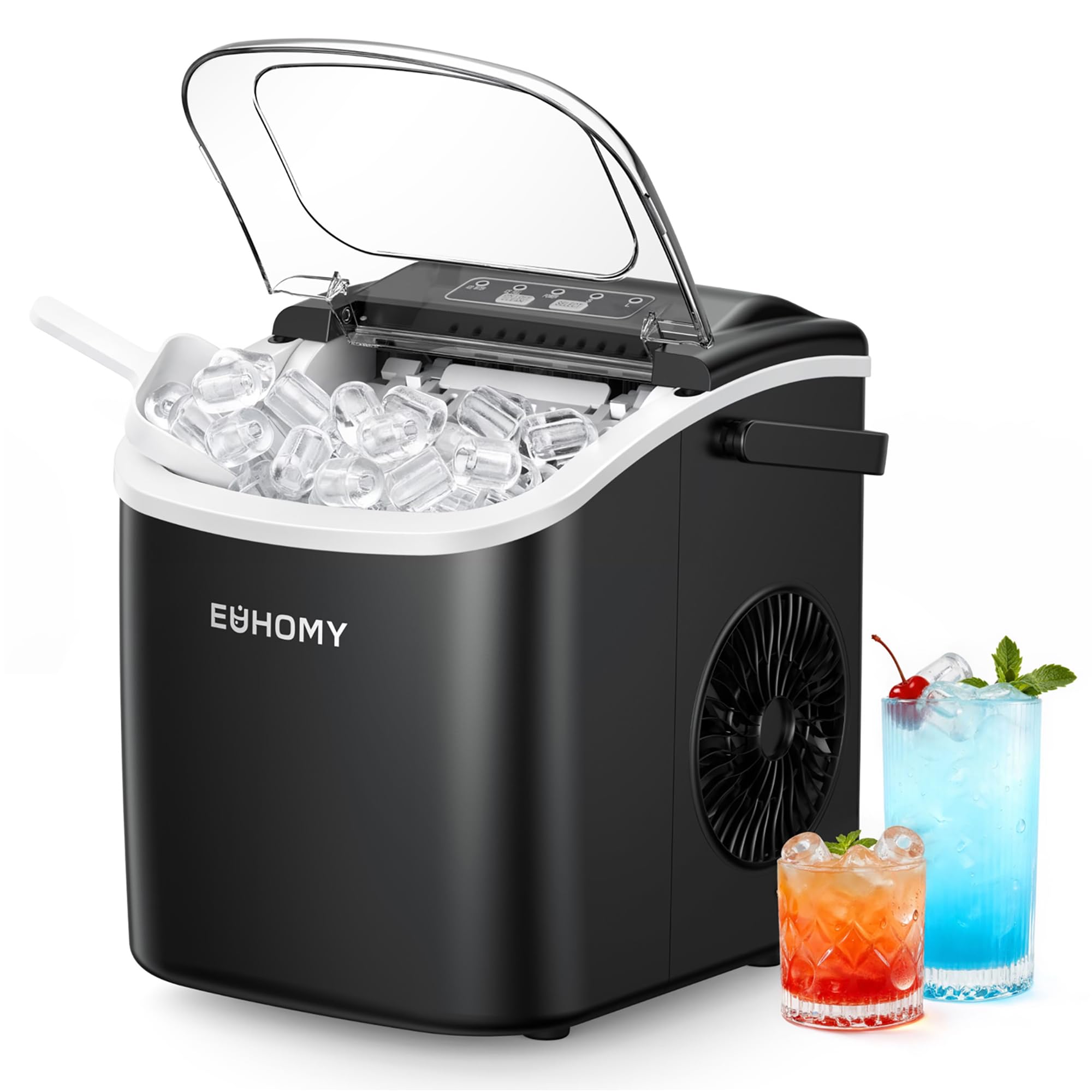 Eiswürfelmaschine Klein, 9 Eiswürfel in 6 Minuten, 12 kg/24H, Eiswürfelmaschine Edelstahl mit Tragbarem Griff, Selbstreinigender Kompakter Eiswürfelmaschinen für Zuhause/Küche/Büro/Bar