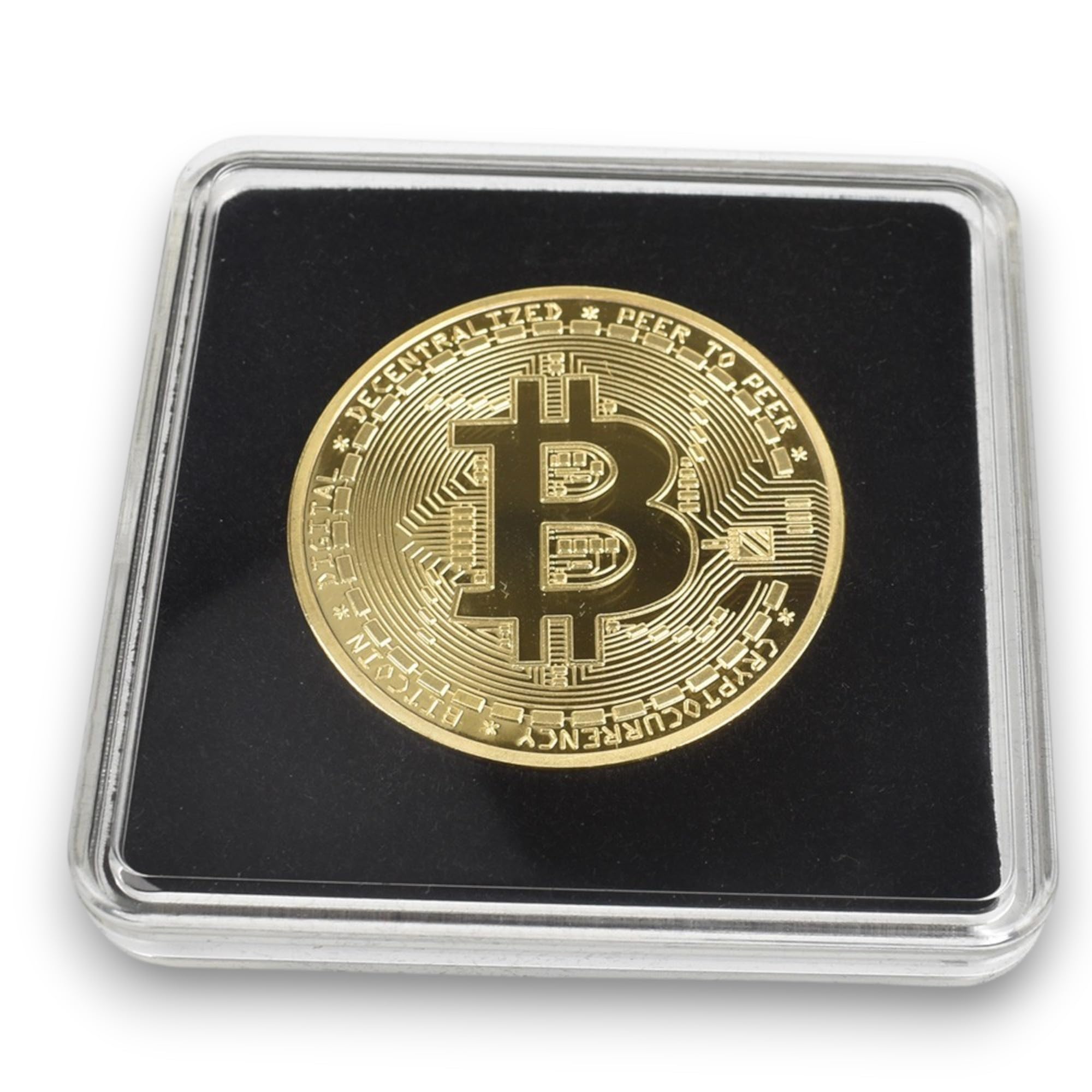Crypto Bitcoin Coin / 24 Karat Gold / Inklusive elegantes Plexiglas-Münzgehäuse