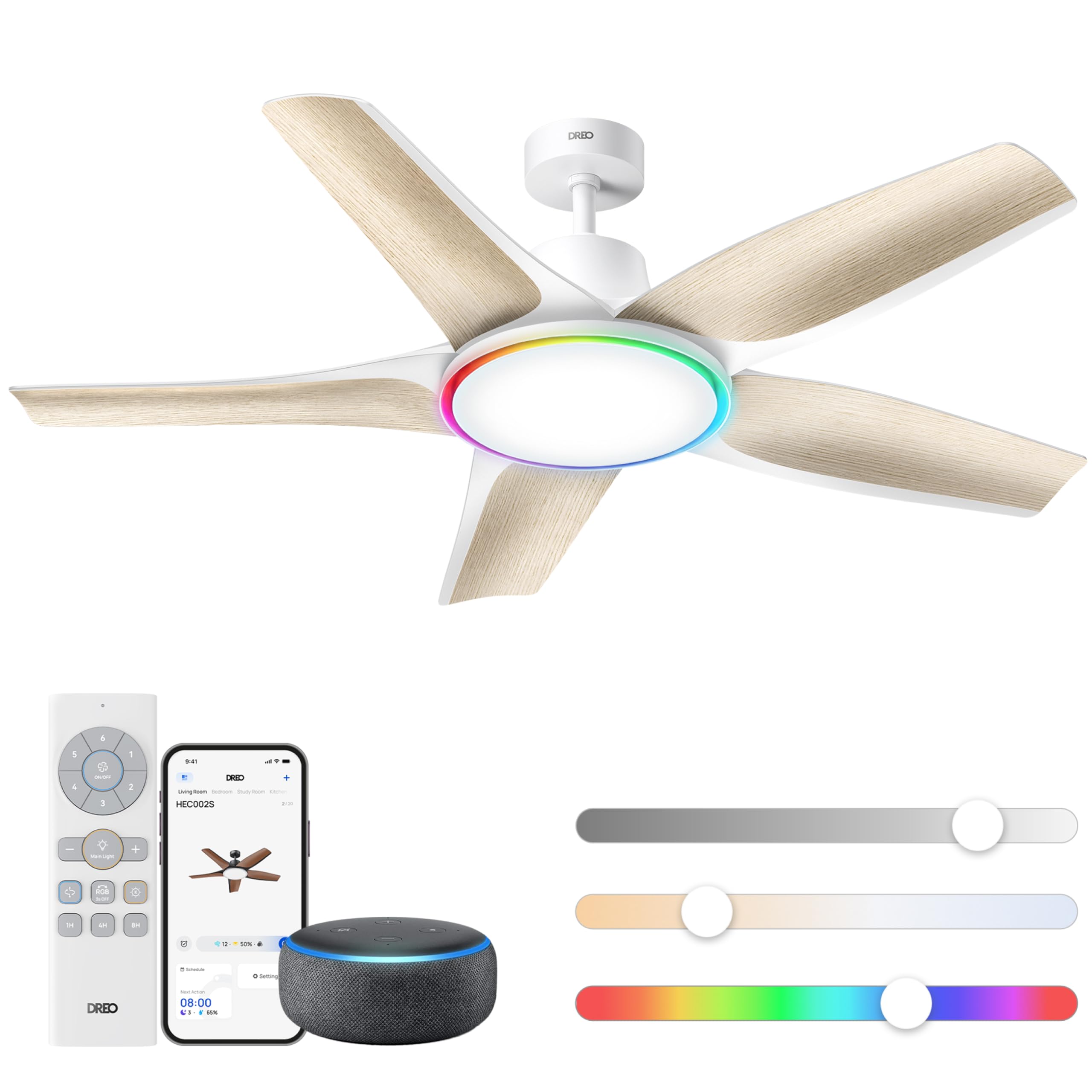 Smarter Low-Profile-Deckenventilator mit Licht, 132 cm, dimmbare LED mit einstellbarer Farbtemperatur, RGB-Ambientlicht, leiser DC-Motor, einfache Montage, App- & Alexa-Steuerung, weiร