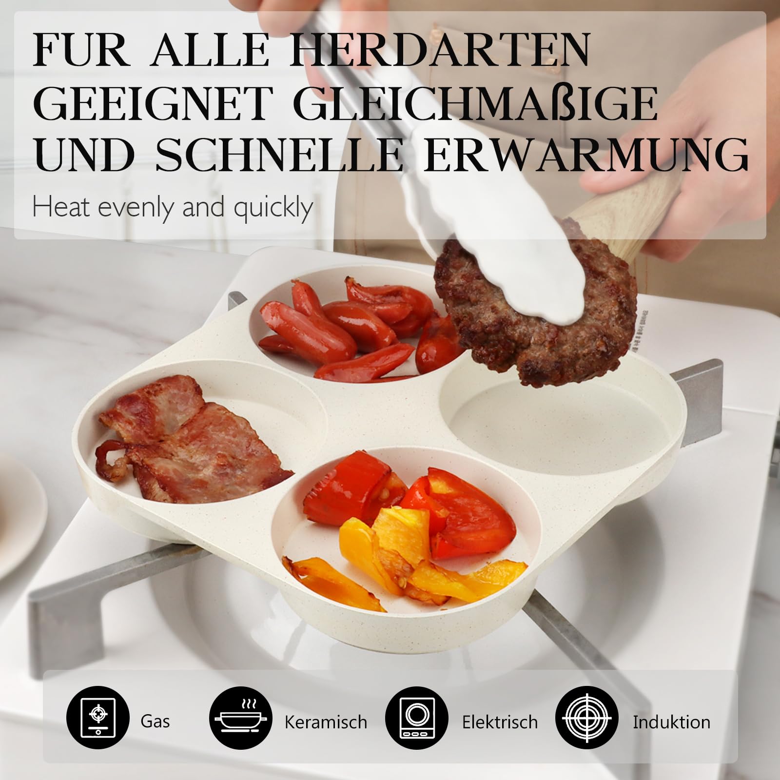 Spiegeleipfanne, 3-Loch Omlettenpfanne, Granit-Antihaftbeschichtung, PFOS/PFOA-Frei Eierpfanne für Gebratenes Frühstück/Eier/Wurst/Speck, Weiß